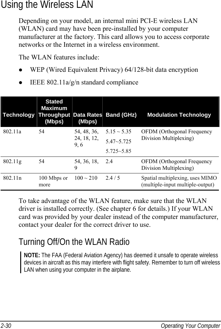  2-30  Operating Your Computer Using the Wireless LAN Depending on your model, an internal mini PCI-E wireless LAN (WLAN) card may have been pre-installed by your computer manufacturer at the factory. This card allows you to access corporate networks or the Internet in a wireless environment. The WLAN features include:   WEP (Wired Equivalent Privacy) 64/128-bit data encryption   IEEE 802.11a/g/n standard compliance    TechnologyStated Maximum Throughput (Mbps)   Data Rates (Mbps)   Band (GHz)  Modulation Technology 802.11a  54  54, 48, 36, 24, 18, 12, 9, 6 5.15 ~ 5.35 5.47~5.725 5.725~5.85 OFDM (Orthogonal Frequency Division Multiplexing) 802.11g  54  54, 36, 18, 9 2.4  OFDM (Orthogonal Frequency Division Multiplexing) 802.11n  100 Mbps or more 100 ~ 210  2.4 / 5  Spatial multiplexing, uses MIMO (multiple-input multiple-output)  To take advantage of the WLAN feature, make sure that the WLAN driver is installed correctly. (See chapter 6 for details.) If your WLAN card was provided by your dealer instead of the computer manufacturer, contact your dealer for the correct driver to use. Turning Off/On the WLAN Radio NOTE: The FAA (Federal Aviation Agency) has deemed it unsafe to operate wireless devices in aircraft as this may interfere with flight safety. Remember to turn off wireless LAN when using your computer in the airplane.  