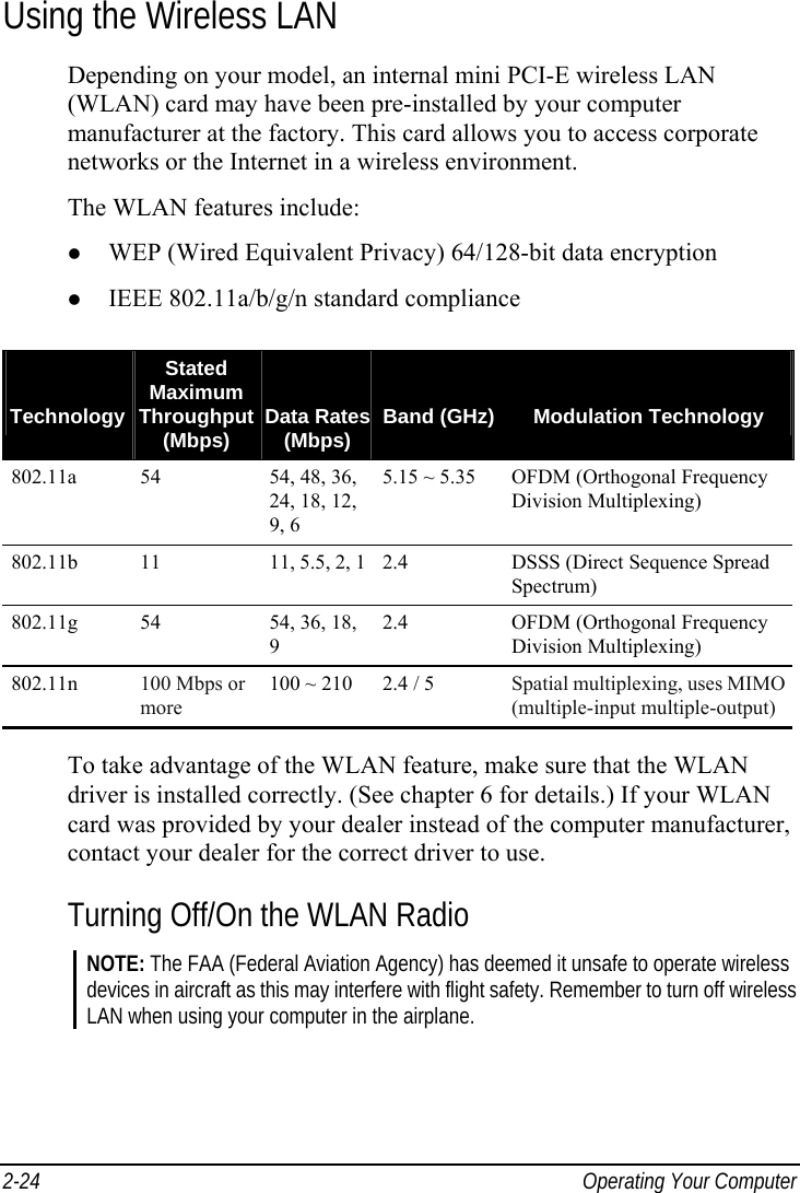  2-24  Operating Your Computer Using the Wireless LAN Depending on your model, an internal mini PCI-E wireless LAN (WLAN) card may have been pre-installed by your computer manufacturer at the factory. This card allows you to access corporate networks or the Internet in a wireless environment. The WLAN features include:   WEP (Wired Equivalent Privacy) 64/128-bit data encryption   IEEE 802.11a/b/g/n standard compliance    TechnologyStated Maximum Throughput (Mbps)   Data Rates (Mbps)   Band (GHz)  Modulation Technology 802.11a  54  54, 48, 36, 24, 18, 12, 9, 6 5.15 ~ 5.35 OFDM (Orthogonal Frequency Division Multiplexing) 802.11b  11  11, 5.5, 2, 1 2.4 DSSS (Direct Sequence Spread Spectrum) 802.11g  54  54, 36, 18, 9 2.4  OFDM (Orthogonal Frequency Division Multiplexing) 802.11n  100 Mbps or more 100 ~ 210  2.4 / 5  Spatial multiplexing, uses MIMO (multiple-input multiple-output)  To take advantage of the WLAN feature, make sure that the WLAN driver is installed correctly. (See chapter 6 for details.) If your WLAN card was provided by your dealer instead of the computer manufacturer, contact your dealer for the correct driver to use. Turning Off/On the WLAN Radio NOTE: The FAA (Federal Aviation Agency) has deemed it unsafe to operate wireless devices in aircraft as this may interfere with flight safety. Remember to turn off wireless LAN when using your computer in the airplane.  