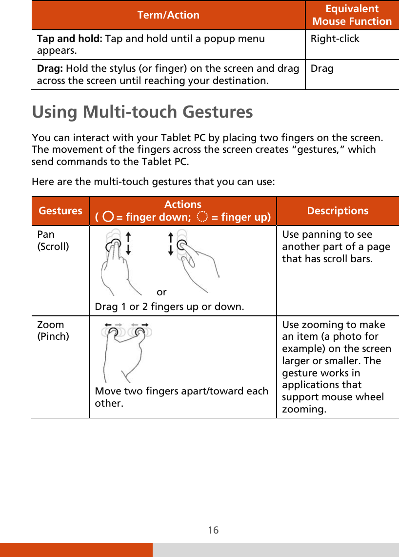  16 Term/Action  Equivalent Mouse Function Tap and hold: Tap and hold until a popup menu appears. Right-click Drag: Hold the stylus (or finger) on the screen and drag across the screen until reaching your destination. Drag  Using Multi-touch Gestures You can interact with your Tablet PC by placing two fingers on the screen. The movement of the fingers across the screen creates “gestures,” which send commands to the Tablet PC. Here are the multi-touch gestures that you can use: Gestures Actions (      = finger down;       = finger up) Descriptions Pan (Scroll)      or  Drag 1 or 2 fingers up or down. Use panning to see another part of a page that has scroll bars.  Zoom (Pinch)  Move two fingers apart/toward each other. Use zooming to make an item (a photo for example) on the screen larger or smaller. The gesture works in applications that support mouse wheel zooming. 