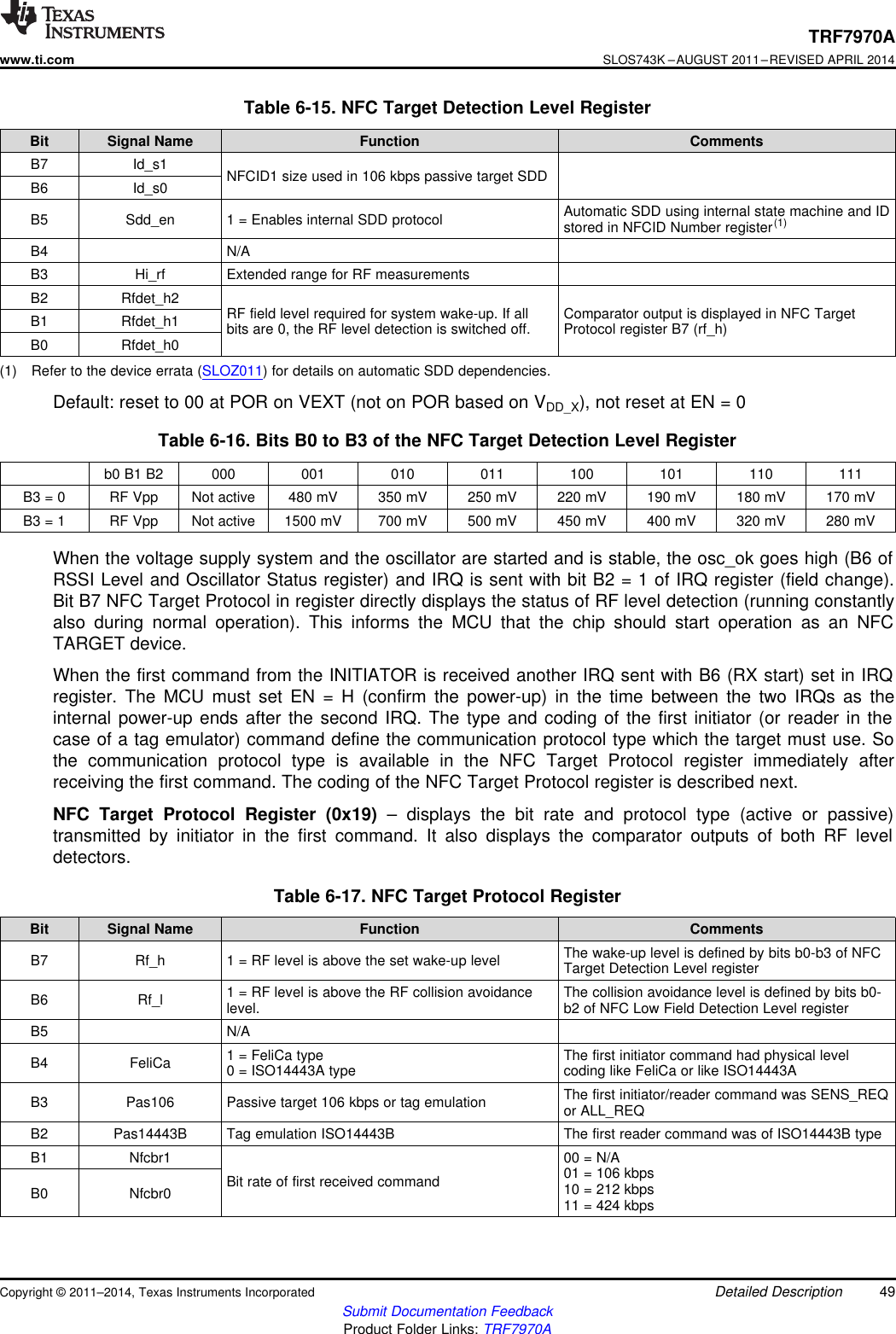 TRF7970Awww.ti.comSLOS743K –AUGUST 2011–REVISED APRIL 2014Table 6-15. NFC Target Detection Level RegisterBit Signal Name Function CommentsB7 Id_s1 NFCID1 size used in 106 kbps passive target SDDB6 Id_s0Automatic SDD using internal state machine and IDB5 Sdd_en 1 = Enables internal SDD protocol stored in NFCID Number register(1)B4 N/AB3 Hi_rf Extended range for RF measurementsB2 Rfdet_h2 RF field level required for system wake-up. If all Comparator output is displayed in NFC TargetB1 Rfdet_h1 bits are 0, the RF level detection is switched off. Protocol register B7 (rf_h)B0 Rfdet_h0(1) Refer to the device errata (SLOZ011) for details on automatic SDD dependencies.Default: reset to 00 at POR on VEXT (not on POR based on VDD_X), not reset at EN = 0Table 6-16. Bits B0 to B3 of the NFC Target Detection Level Registerb0 B1 B2 000 001 010 011 100 101 110 111B3 = 0 RF Vpp Not active 480 mV 350 mV 250 mV 220 mV 190 mV 180 mV 170 mVB3 = 1 RF Vpp Not active 1500 mV 700 mV 500 mV 450 mV 400 mV 320 mV 280 mVWhen the voltage supply system and the oscillator are started and is stable, the osc_ok goes high (B6 ofRSSI Level and Oscillator Status register) and IRQ is sent with bit B2 = 1 of IRQ register (field change).Bit B7 NFC Target Protocol in register directly displays the status of RF level detection (running constantlyalso during normal operation). This informs the MCU that the chip should start operation as an NFCTARGET device.When the first command from the INITIATOR is received another IRQ sent with B6 (RX start) set in IRQregister. The MCU must set EN = H (confirm the power-up) in the time between the two IRQs as theinternal power-up ends after the second IRQ. The type and coding of the first initiator (or reader in thecase of a tag emulator) command define the communication protocol type which the target must use. Sothe communication protocol type is available in the NFC Target Protocol register immediately afterreceiving the first command. The coding of the NFC Target Protocol register is described next.NFC Target Protocol Register (0x19) – displays the bit rate and protocol type (active or passive)transmitted by initiator in the first command. It also displays the comparator outputs of both RF leveldetectors.Table 6-17. NFC Target Protocol RegisterBit Signal Name Function CommentsThe wake-up level is defined by bits b0-b3 of NFCB7 Rf_h 1 = RF level is above the set wake-up level Target Detection Level register1 = RF level is above the RF collision avoidance The collision avoidance level is defined by bits b0-B6 Rf_l level. b2 of NFC Low Field Detection Level registerB5 N/A1 = FeliCa type The first initiator command had physical levelB4 FeliCa 0 = ISO14443A type coding like FeliCa or like ISO14443AThe first initiator/reader command was SENS_REQB3 Pas106 Passive target 106 kbps or tag emulation or ALL_REQB2 Pas14443B Tag emulation ISO14443B The first reader command was of ISO14443B typeB1 Nfcbr1 00 = N/A01 = 106 kbpsBit rate of first received command 10 = 212 kbpsB0 Nfcbr0 11 = 424 kbpsCopyright © 2011–2014, Texas Instruments Incorporated Detailed Description 49Submit Documentation FeedbackProduct Folder Links: TRF7970A