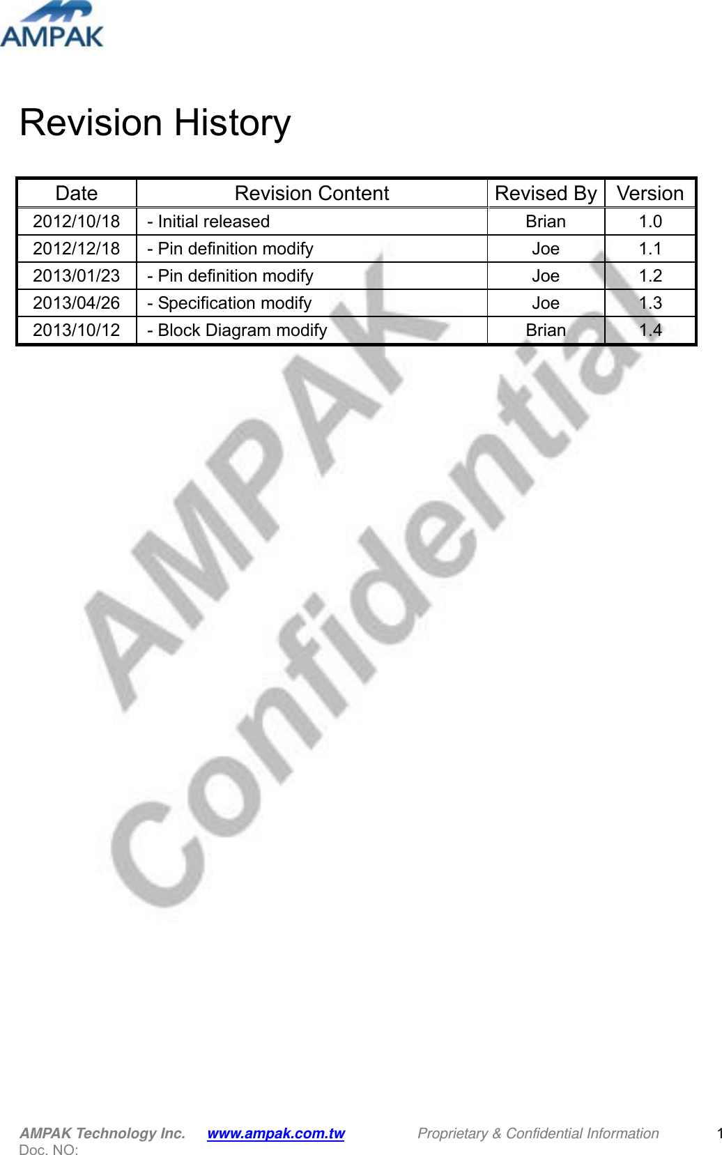  AMPAK Technology Inc.      www.ampak.com.tw          Proprietary &amp; Confidential Information   Doc. NO:                                                             1Revision History                                Date  Revision Content  Revised By  Version2012/10/18   - Initial released  Brian  1.0 2012/12/18   - Pin definition modify  Joe  1.1 2013/01/23   - Pin definition modify  Joe  1.2 2013/04/26   - Specification modify  Joe  1.3 2013/10/12   - Block Diagram modify  Brian  1.4 
