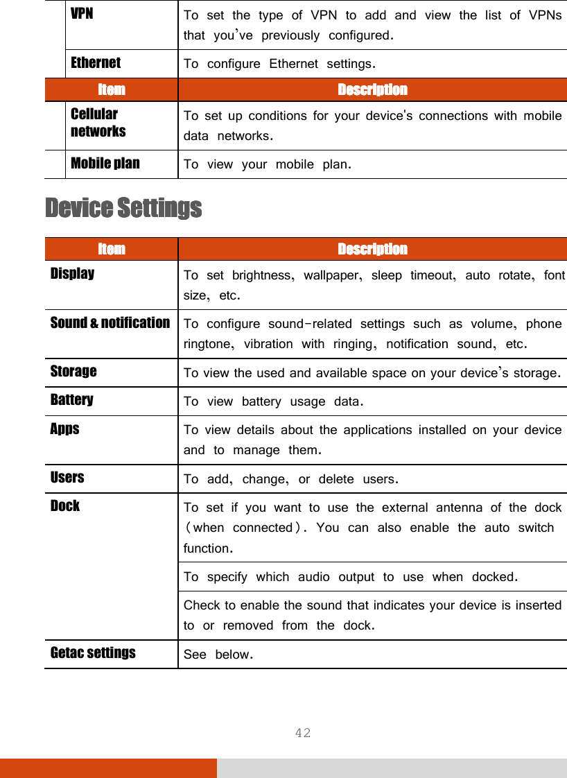  42 VPN  To set the type of VPN to add and view the list of VPNs that you’ve previously configured. Ethernet    To configure Ethernet settings.  ItemItemItemItem     DescriptionDescriptionDescriptionDescription      Cellular networks To set up conditions for your device&apos;s connections with mobile data networks.   Mobile plan  To view your mobile plan.  Device SettingsDevice SettingsDevice SettingsDevice Settings    ItemItemItemItem     DescriptionDescriptionDescriptionDescription    Display  To set brightness, wallpaper, sleep timeout, auto rotate, font size, etc.  Sound &amp; notification To configure sound-related settings such as volume, phone ringtone, vibration with ringing, notification sound, etc. Storage  To view the used and available space on your device’s storage. Battery  To view battery usage data. Apps  To view details about the applications installed on your device and to manage them. Users  To add, change, or delete users. Dock  To set if you want to use the external antenna of the dock (when connected). You can also enable the auto switch function. To specify which audio output to use when docked. Check to enable the sound that indicates your device is inserted to or removed from the dock. Getac settings  See below.  