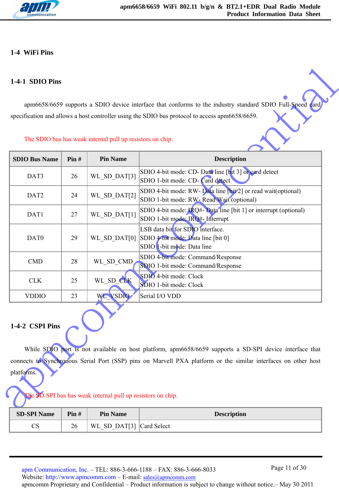 apmcomm confidentialapm6658/6659 WiFi 802.11 b/g/n &amp; BT2.1+EDR Dual Radio Module  Product Information Data Sheet                                       Page 11 of 30 apm Communication, Inc. – TEL: 886-3-666-1188 – FAX: 886-3-666-8033 Website: http://www.apmcomm.com – E-mail: sales@apmcomm.com  apmcomm Proprietary and Confidential – Product information is subject to change without notice.– May 30 2011 1-4  WiFi Pins 1-4-1  SDIO Pins apm6658/6659 supports a SDIO device interface that conforms to the industry standard SDIO Full-Speed card specification and allows a host controller using the SDIO bus protocol to access apm6658/6659.   The SDIO bus has weak internal pull up resistors on chip. SDIO Bus Name  Pin #  Pin Name  Description DAT3 26 WL_SD_DAT[3] SDIO 4-bit mode: CD- Data line [bit 3] or card detect SDIO 1-bit mode: CD- Card detect DAT2 24 WL_SD_DAT[2] SDIO 4-bit mode: RW- Data line [bit 2] or read wait(optional) SDIO 1-bit mode: RW- Read Wait (optional) DAT1 27 WL_SD_DAT[1] SDIO 4-bit mode: IRQ#- Data line [bit 1] or interrupt (optional) SDIO 1-bit mode: IRQ#- Interrupt DAT0 29 WL_SD_DAT[0]LSB data bit for SDIO interface. SDIO 4-bit mode: Data line [bit 0] SDIO 1-bit mode: Data line CMD 28 WL_SD_CMD SDIO 4-bit mode: Command/Response SDIO 1-bit mode: Command/Response CLK 25 WL_SD_CLK SDIO 4-bit mode: Clock SDIO 1-bit mode: Clock VDDIO  23  WL_VSDIO  Serial I/O VDD 1-4-2  CSPI Pins While SDIO port is not available on host platform, apm6658/6659 supports a SD-SPI device interface that connects to Synchronous Serial Port (SSP) pins on Marvell PXA platform or the similar interfaces on other host platforms. The SD-SPI bus has weak internal pull up resistors on chip. SD-SPI Name  Pin #  Pin Name  Description CS 26 WL_SD_DAT[3] Card Select 