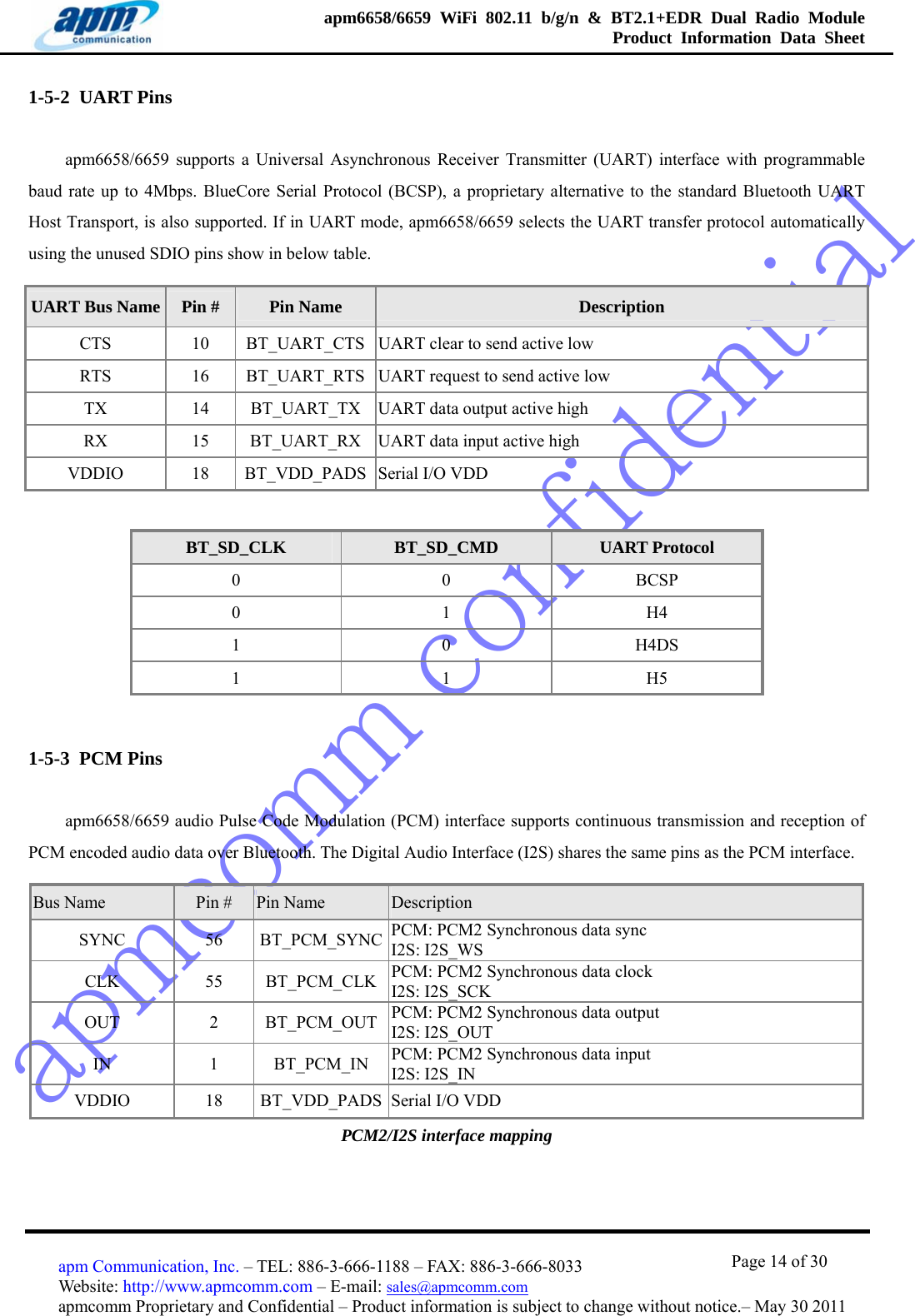 apmcomm confidentialapm6658/6659 WiFi 802.11 b/g/n &amp; BT2.1+EDR Dual Radio Module  Product Information Data Sheet                                       Page 14 of 30 apm Communication, Inc. – TEL: 886-3-666-1188 – FAX: 886-3-666-8033 Website: http://www.apmcomm.com – E-mail: sales@apmcomm.com  apmcomm Proprietary and Confidential – Product information is subject to change without notice.– May 30 2011 1-5-2  UART Pins apm6658/6659 supports a Universal Asynchronous Receiver Transmitter (UART) interface with programmable baud rate up to 4Mbps. BlueCore Serial Protocol (BCSP), a proprietary alternative to the standard Bluetooth UART Host Transport, is also supported. If in UART mode, apm6658/6659 selects the UART transfer protocol automatically using the unused SDIO pins show in below table.   UART Bus Name  Pin #  Pin Name  Description CTS 10 BT_UART_CTS UART clear to send active low RTS 16 BT_UART_RTS UART request to send active low TX 14 BT_UART_TX UART data output active high RX 15 BT_UART_RX UART data input active high VDDIO  18  BT_VDD_PADS Serial I/O VDD  BT_SD_CLK  BT_SD_CMD  UART Protocol 0 0 BCSP 0 1 H4 1 0 H4DS 1 1 H5 1-5-3  PCM Pins apm6658/6659 audio Pulse Code Modulation (PCM) interface supports continuous transmission and reception of PCM encoded audio data over Bluetooth. The Digital Audio Interface (I2S) shares the same pins as the PCM interface.   Bus Name  Pin #  Pin Name  Description SYNC 56 BT_PCM_SYNC PCM: PCM2 Synchronous data sync I2S: I2S_WS CLK 55 BT_PCM_CLK PCM: PCM2 Synchronous data clock I2S: I2S_SCK OUT 2 BT_PCM_OUT PCM: PCM2 Synchronous data output I2S: I2S_OUT IN 1 BT_PCM_IN PCM: PCM2 Synchronous data input I2S: I2S_IN VDDIO  18  BT_VDD_PADS Serial I/O VDD PCM2/I2S interface mapping 