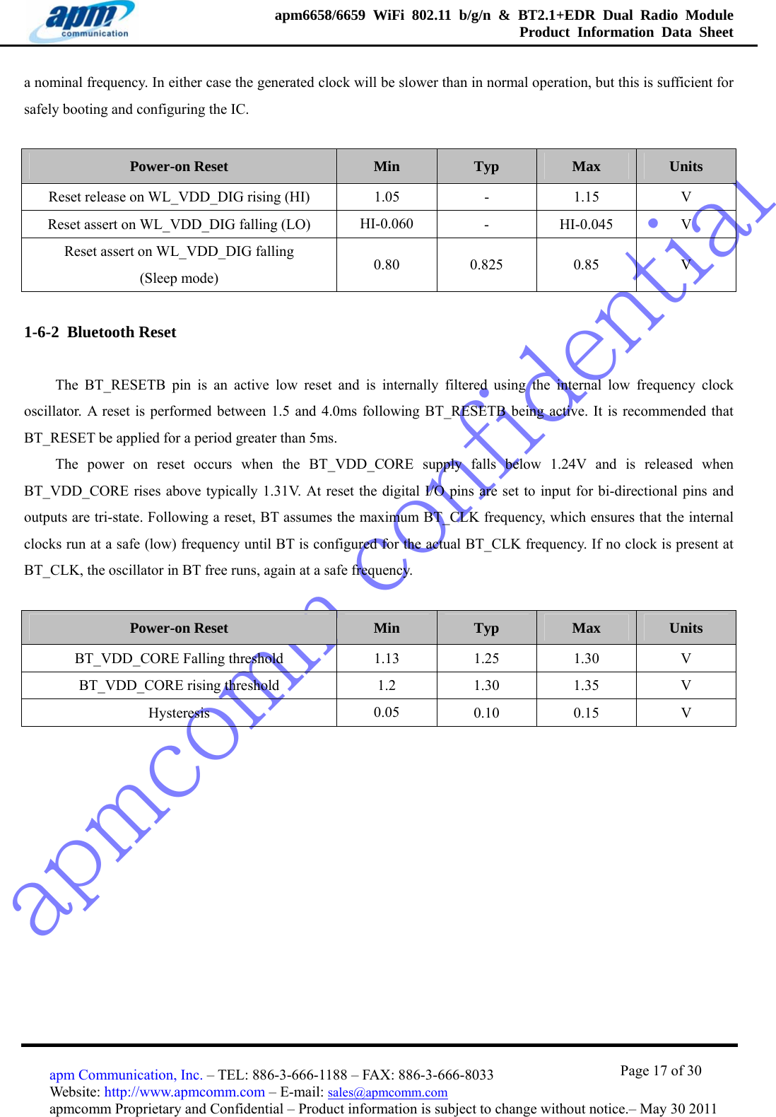 apmcomm confidentialapm6658/6659 WiFi 802.11 b/g/n &amp; BT2.1+EDR Dual Radio Module  Product Information Data Sheet                                       Page 17 of 30 apm Communication, Inc. – TEL: 886-3-666-1188 – FAX: 886-3-666-8033 Website: http://www.apmcomm.com – E-mail: sales@apmcomm.com  apmcomm Proprietary and Confidential – Product information is subject to change without notice.– May 30 2011 a nominal frequency. In either case the generated clock will be slower than in normal operation, but this is sufficient for safely booting and configuring the IC.  Power-on Reset Min Typ Max Units Reset release on WL_VDD_DIG rising (HI)  1.05  -  1.15  V Reset assert on WL_VDD_DIG falling (LO)  HI-0.060  - HI-0.045 V Reset assert on WL_VDD_DIG falling         (Sleep mode) 0.80  0.825 0.85  V 1-6-2  Bluetooth Reset The BT_RESETB pin is an active low reset and is internally filtered using the internal low frequency clock oscillator. A reset is performed between 1.5 and 4.0ms following BT_RESETB being active. It is recommended that BT_RESET be applied for a period greater than 5ms. The power on reset occurs when the BT_VDD_CORE supply falls below 1.24V and is released when BT_VDD_CORE rises above typically 1.31V. At reset the digital I/O pins are set to input for bi-directional pins and outputs are tri-state. Following a reset, BT assumes the maximum BT_CLK frequency, which ensures that the internal clocks run at a safe (low) frequency until BT is configured for the actual BT_CLK frequency. If no clock is present at BT_CLK, the oscillator in BT free runs, again at a safe frequency.  Power-on Reset Min Typ Max Units BT_VDD_CORE Falling threshold  1.13  1.25  1.30  V BT_VDD_CORE rising threshold  1.2  1.30 1.35  V Hysteresis  0.05  0.10 0.15  V 