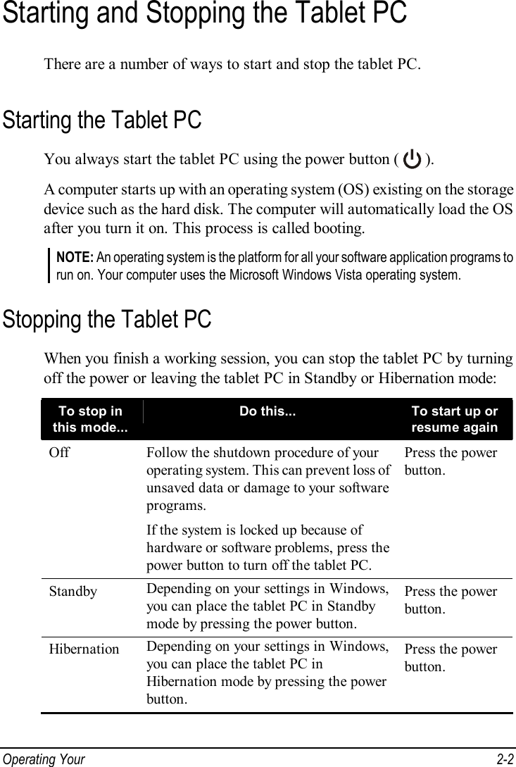  Operating Your   2-2 Starting and Stopping the Tablet PC There are a number of ways to start and stop the tablet PC. Starting the Tablet PC You always start the tablet PC using the power button (   ). A computer starts up with an operating system (OS) existing on the storage device such as the hard disk. The computer will automatically load the OS after you turn it on. This process is called booting. NOTE: An operating system is the platform for all your software application programs to run on. Your computer uses the Microsoft Windows Vista operating system. Stopping the Tablet PC When you finish a working session, you can stop the tablet PC by turning off the power or leaving the tablet PC in Standby or Hibernation mode: To stop in this mode... Do this...  To start up or resume again Off  Follow the shutdown procedure of your operating system. This can prevent loss of unsaved data or damage to your software programs. If the system is locked up because of hardware or software problems, press the power button to turn off the tablet PC. Press the power button. Standby  Depending on your settings in Windows, you can place the tablet PC in Standby mode by pressing the power button. Press the power button. Hibernation  Depending on your settings in Windows, you can place the tablet PC in Hibernation mode by pressing the power button. Press the power button.  