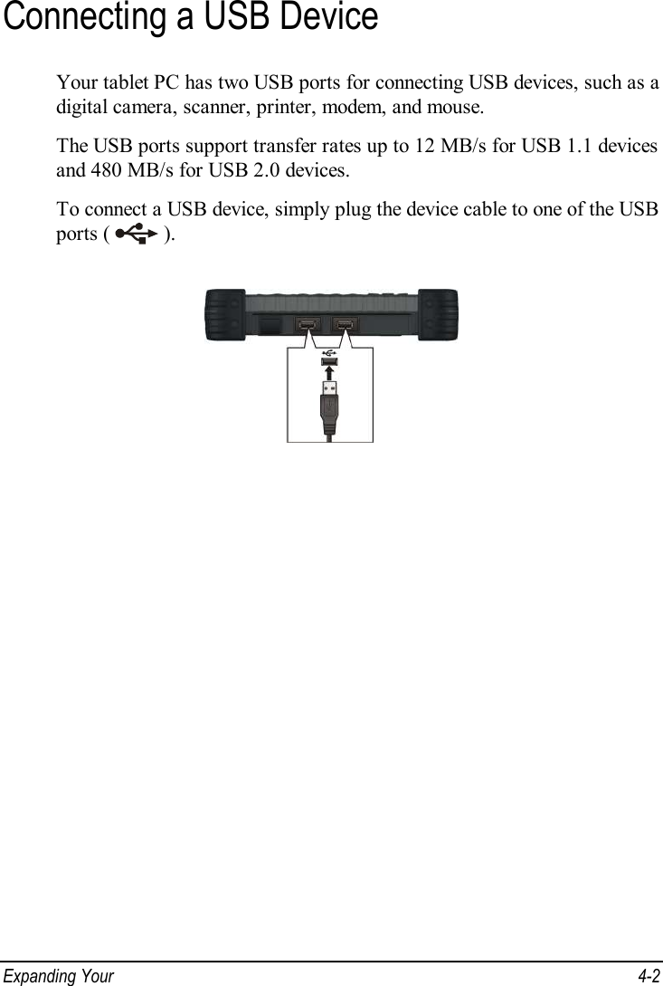  Expanding Your   4-2 Connecting a USB Device Your tablet PC has two USB ports for connecting USB devices, such as a digital camera, scanner, printer, modem, and mouse. The USB ports support transfer rates up to 12 MB/s for USB 1.1 devices and 480 MB/s for USB 2.0 devices. To connect a USB device, simply plug the device cable to one of the USB ports (   ).  