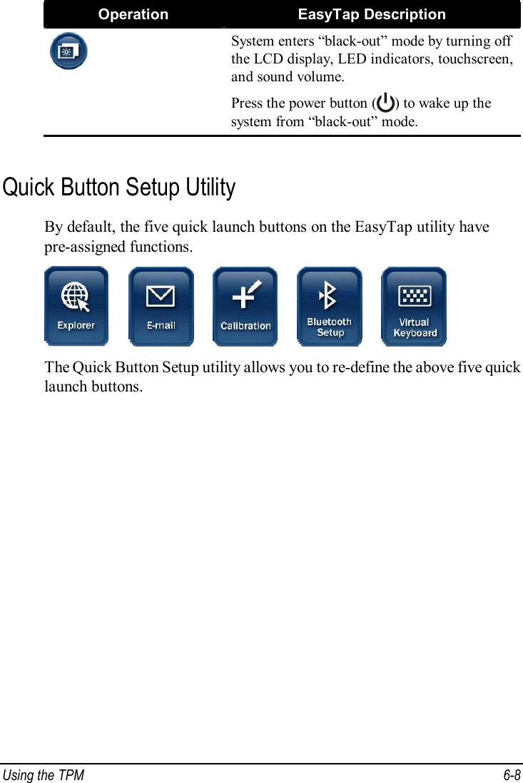  Using the TPM  6-8 Operation  EasyTap Description  System enters “black-out” mode by turning off the LCD display, LED indicators, touchscreen, and sound volume. Press the power button ( ) to wake up the system from “black-out” mode.  Quick Button Setup Utility By default, the five quick launch buttons on the EasyTap utility have pre-assigned functions.          The Quick Button Setup utility allows you to re-define the above five quick launch buttons. 