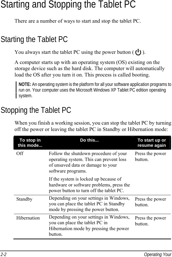  2-2  Operating Your  Starting and Stopping the Tablet PC There are a number of ways to start and stop the tablet PC. Starting the Tablet PC You always start the tablet PC using the power button (   ). A computer starts up with an operating system (OS) existing on the storage device such as the hard disk. The computer will automatically load the OS after you turn it on. This process is called booting. NOTE: An operating system is the platform for all your software application programs to run on. Your computer uses the Microsoft Windows XP Tablet PC edition operating system. Stopping the Tablet PC When you finish a working session, you can stop the tablet PC by turning off the power or leaving the tablet PC in Standby or Hibernation mode: To stop in this mode...  Do this...  To start up or resume again Off  Follow the shutdown procedure of your operating system. This can prevent loss of unsaved data or damage to your software programs. If the system is locked up because of hardware or software problems, press the power button to turn off the tablet PC. Press the power button. Standby  Depending on your settings in Windows, you can place the tablet PC in Standby mode by pressing the power button. Press the power button. Hibernation  Depending on your settings in Windows, you can place the tablet PC in Hibernation mode by pressing the power button. Press the power button.  