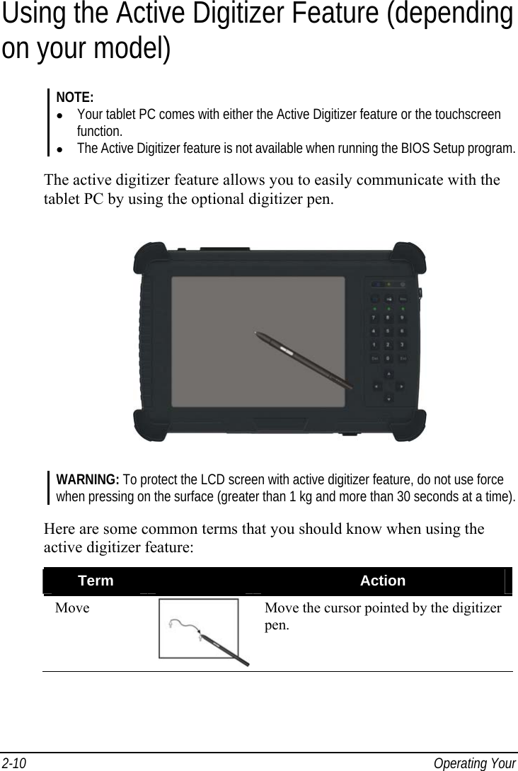  2-10  Operating Your  Using the Active Digitizer Feature (depending on your model) NOTE: z Your tablet PC comes with either the Active Digitizer feature or the touchscreen function. z The Active Digitizer feature is not available when running the BIOS Setup program.  The active digitizer feature allows you to easily communicate with the tablet PC by using the optional digitizer pen.  WARNING: To protect the LCD screen with active digitizer feature, do not use force when pressing on the surface (greater than 1 kg and more than 30 seconds at a time).  Here are some common terms that you should know when using the active digitizer feature: Term   Action Move  Move the cursor pointed by the digitizer pen. 