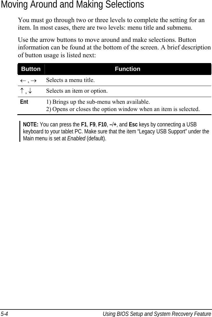  5-4  Using BIOS Setup and System Recovery Feature  Moving Around and Making Selections You must go through two or three levels to complete the setting for an item. In most cases, there are two levels: menu title and submenu. Use the arrow buttons to move around and make selections. Button information can be found at the bottom of the screen. A brief description of button usage is listed next: Button  Function ← , → Selects a menu title. ↑ , ↓ Selects an item or option. Ent 1) Brings up the sub-menu when available. 2) Opens or closes the option window when an item is selected.  NOTE: You can press the F1, F9, F10, –/+, and Esc keys by connecting a USB keyboard to your tablet PC. Make sure that the item “Legacy USB Support” under the Main menu is set at Enabled (default).   