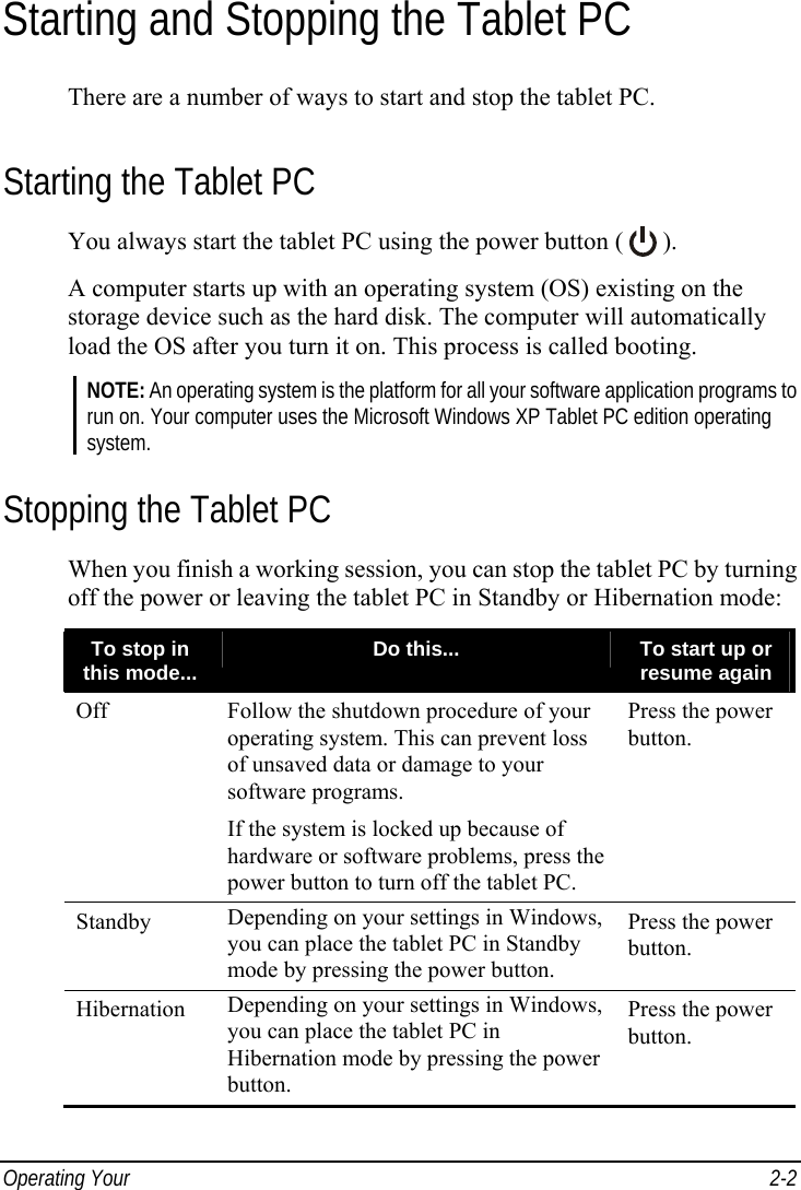  Operating Your   2-2 Starting and Stopping the Tablet PC There are a number of ways to start and stop the tablet PC. Starting the Tablet PC You always start the tablet PC using the power button (   ). A computer starts up with an operating system (OS) existing on the storage device such as the hard disk. The computer will automatically load the OS after you turn it on. This process is called booting. NOTE: An operating system is the platform for all your software application programs to run on. Your computer uses the Microsoft Windows XP Tablet PC edition operating system. Stopping the Tablet PC When you finish a working session, you can stop the tablet PC by turning off the power or leaving the tablet PC in Standby or Hibernation mode: To stop in this mode...  Do this...  To start up or resume again Off  Follow the shutdown procedure of your operating system. This can prevent loss of unsaved data or damage to your software programs. If the system is locked up because of hardware or software problems, press the power button to turn off the tablet PC. Press the power button. Standby  Depending on your settings in Windows, you can place the tablet PC in Standby mode by pressing the power button. Press the power button. Hibernation  Depending on your settings in Windows, you can place the tablet PC in Hibernation mode by pressing the power button. Press the power button.  