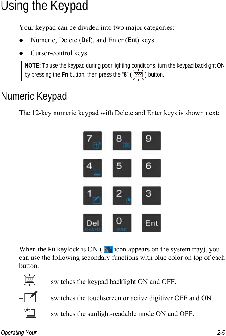  Operating Your   2-5 Using the Keypad Your keypad can be divided into two major categories: z Numeric, Delete (Del), and Enter (Ent) keys z Cursor-control keys NOTE: To use the keypad during poor lighting conditions, turn the keypad backlight ON by pressing the Fn button, then press the “8” (   ) button. Numeric Keypad The 12-key numeric keypad with Delete and Enter keys is shown next:  When the Fn keylock is ON (   icon appears on the system tray), you can use the following secondary functions with blue color on top of each button. –     switches the keypad backlight ON and OFF. –     switches the touchscreen or active digitizer OFF and ON. –     switches the sunlight-readable mode ON and OFF. 