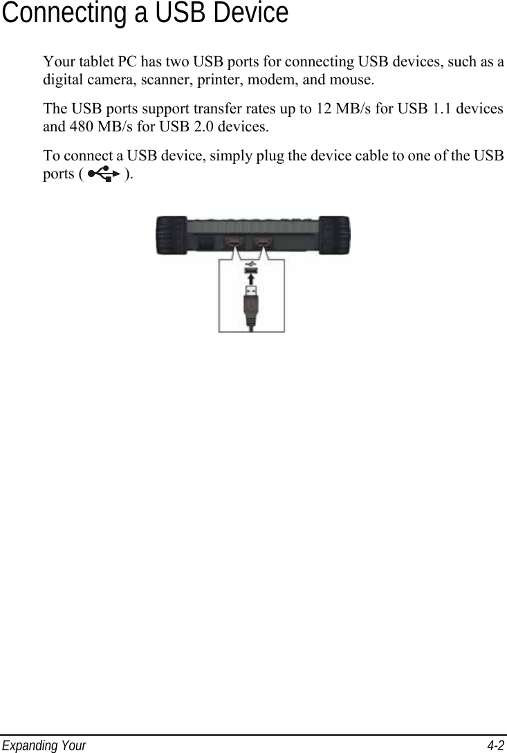  Expanding Your   4-2 Connecting a USB Device Your tablet PC has two USB ports for connecting USB devices, such as a digital camera, scanner, printer, modem, and mouse. The USB ports support transfer rates up to 12 MB/s for USB 1.1 devices and 480 MB/s for USB 2.0 devices. To connect a USB device, simply plug the device cable to one of the USB ports (   ).  