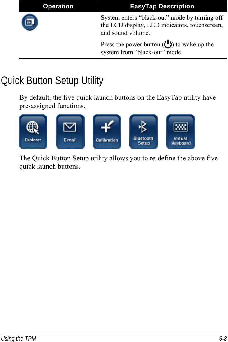  Using the TPM  6-8 Operation  EasyTap Description  System enters “black-out” mode by turning off the LCD display, LED indicators, touchscreen, and sound volume. Press the power button ( ) to wake up the system from “black-out” mode.  Quick Button Setup Utility By default, the five quick launch buttons on the EasyTap utility have pre-assigned functions.          The Quick Button Setup utility allows you to re-define the above five quick launch buttons. 