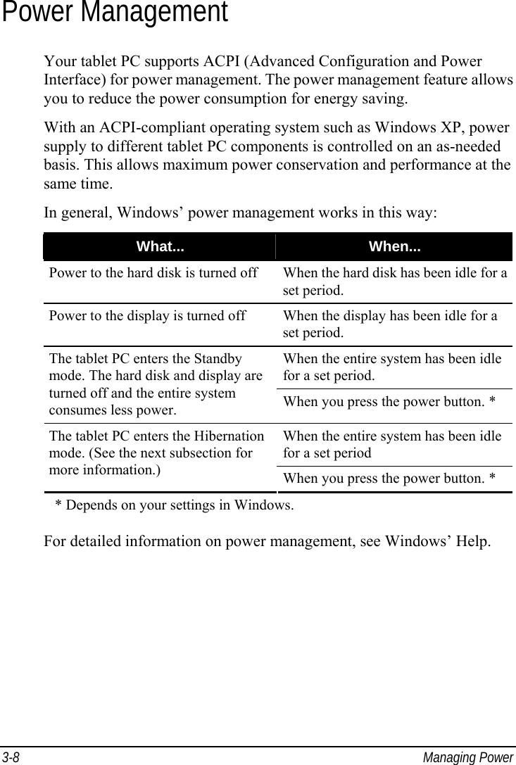  3-8 Managing Power Power Management Your tablet PC supports ACPI (Advanced Configuration and Power Interface) for power management. The power management feature allows you to reduce the power consumption for energy saving. With an ACPI-compliant operating system such as Windows XP, power supply to different tablet PC components is controlled on an as-needed basis. This allows maximum power conservation and performance at the same time. In general, Windows’ power management works in this way: What...  When... Power to the hard disk is turned off  When the hard disk has been idle for a set period. Power to the display is turned off  When the display has been idle for a set period. When the entire system has been idle for a set period. The tablet PC enters the Standby mode. The hard disk and display are turned off and the entire system consumes less power.  When you press the power button. * When the entire system has been idle for a set period The tablet PC enters the Hibernation mode. (See the next subsection for more information.)  When you press the power button. *     * Depends on your settings in Windows.  For detailed information on power management, see Windows’ Help.  