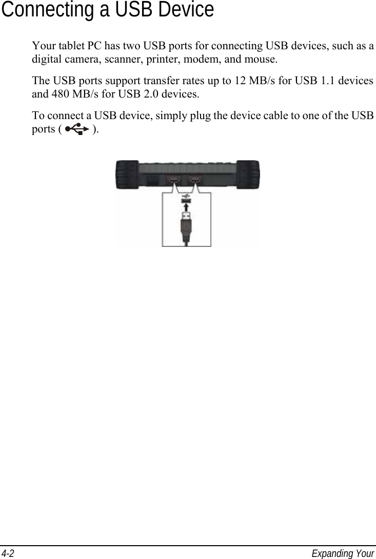  4-2  Expanding Your  Connecting a USB Device Your tablet PC has two USB ports for connecting USB devices, such as a digital camera, scanner, printer, modem, and mouse. The USB ports support transfer rates up to 12 MB/s for USB 1.1 devices and 480 MB/s for USB 2.0 devices. To connect a USB device, simply plug the device cable to one of the USB ports (   ).  