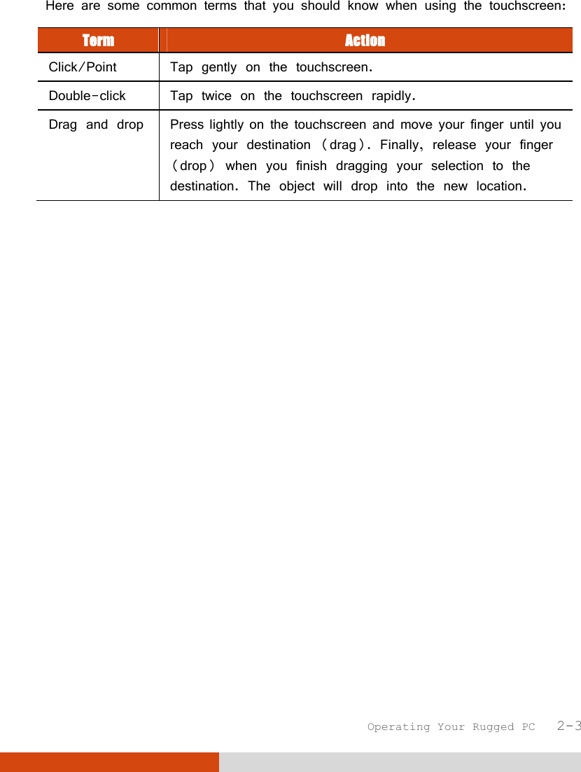  Operating Your Rugged PC   2-3 Here are some common terms that you should know when using the touchscreen: Term  Action Click/Point  Tap gently on the touchscreen. Double-click  Tap twice on the touchscreen rapidly. Drag and drop  Press lightly on the touchscreen and move your finger until you reach your destination (drag). Finally, release your finger (drop) when you finish dragging your selection to the destination. The object will drop into the new location.   