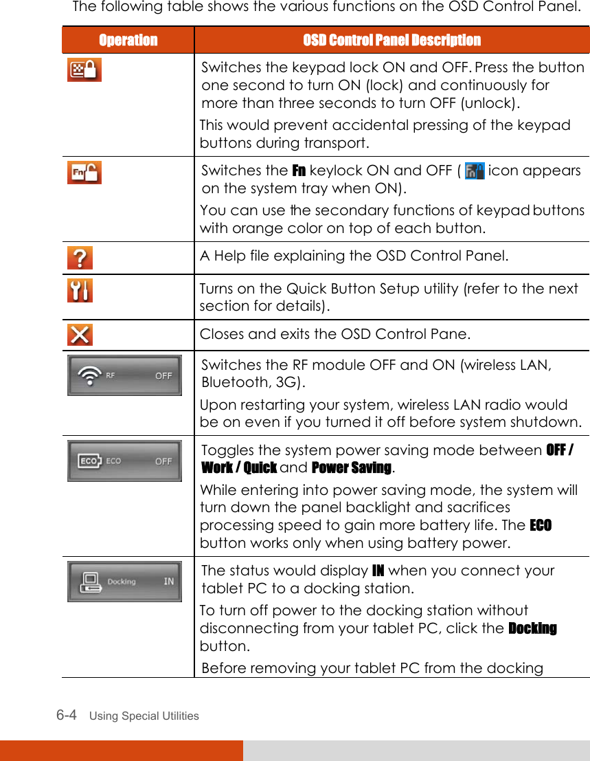  6-4   Using Special Utilities The following table shows the various functions on the OSD Control Panel. Operation  OSD Control Panel Description  Switches the keypad lock ON and OFF. Press the button one second to turn ON (lock) and continuously for more than three seconds to turn OFF (unlock). This would prevent accidental pressing of the keypad buttons during transport.  Switches the Fn keylock ON and OFF (   icon appears on the system tray when ON). You can use the secondary functions of keypad buttons with orange color on top of each button.  A Help file explaining the OSD Control Panel.  Turns on the Quick Button Setup utility (refer to the next section for details).  Closes and exits the OSD Control Pane.  Switches the RF module OFF and ON (wireless LAN, Bluetooth, 3G). Upon restarting your system, wireless LAN radio would be on even if you turned it off before system shutdown.  Toggles the system power saving mode between OFF / Work / Quick and Power Saving. While entering into power saving mode, the system will turn down the panel backlight and sacrifices processing speed to gain more battery life. The ECO button works only when using battery power.  The status would display IN when you connect your tablet PC to a docking station. To turn off power to the docking station without disconnecting from your tablet PC, click the Docking button. Before removing your tablet PC from the docking 