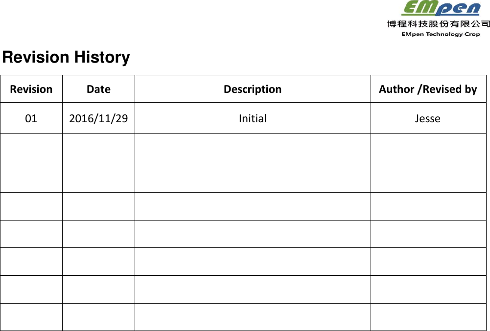                                                                 Revision History Revision Date Description Author /Revised by 01 2016/11/29 Initial Jesse                             