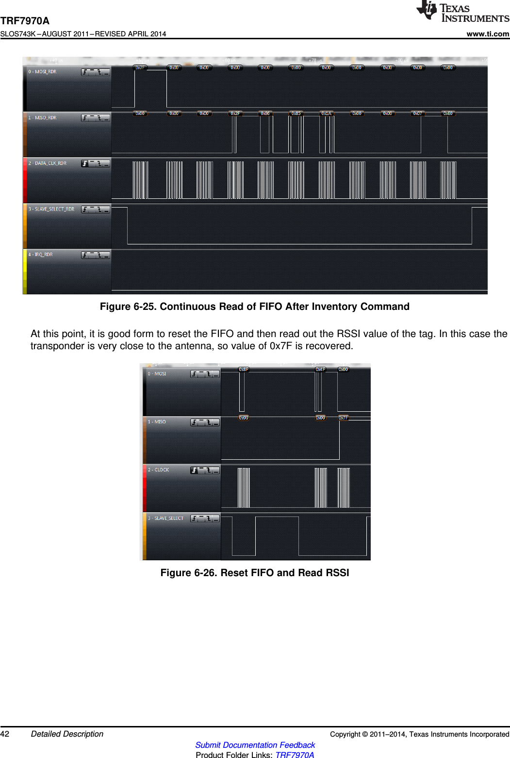 TRF7970ASLOS743K –AUGUST 2011–REVISED APRIL 2014www.ti.comFigure 6-25. Continuous Read of FIFO After Inventory CommandAt this point, it is good form to reset the FIFO and then read out the RSSI value of the tag. In this case thetransponder is very close to the antenna, so value of 0x7F is recovered.Figure 6-26. Reset FIFO and Read RSSI42 Detailed Description Copyright © 2011–2014, Texas Instruments IncorporatedSubmit Documentation FeedbackProduct Folder Links: TRF7970A