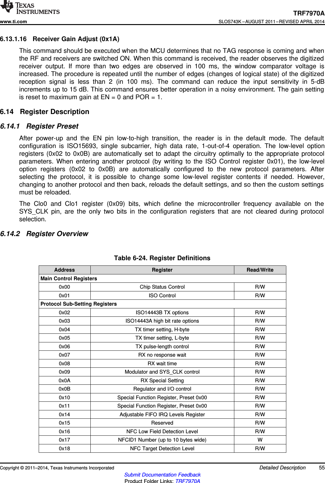 TRF7970Awww.ti.comSLOS743K –AUGUST 2011–REVISED APRIL 20146.13.1.16 Receiver Gain Adjust (0x1A)This command should be executed when the MCU determines that no TAG response is coming and whenthe RF and receivers are switched ON. When this command is received, the reader observes the digitizedreceiver output. If more than two edges are observed in 100 ms, the window comparator voltage isincreased. The procedure is repeated until the number of edges (changes of logical state) of the digitizedreception signal is less than 2 (in 100 ms). The command can reduce the input sensitivity in 5-dBincrements up to 15 dB. This command ensures better operation in a noisy environment. The gain settingis reset to maximum gain at EN = 0 and POR = 1.6.14 Register Description6.14.1 Register PresetAfter power-up and the EN pin low-to-high transition, the reader is in the default mode. The defaultconfiguration is ISO15693, single subcarrier, high data rate, 1-out-of-4 operation. The low-level optionregisters (0x02 to 0x0B) are automatically set to adapt the circuitry optimally to the appropriate protocolparameters. When entering another protocol (by writing to the ISO Control register 0x01), the low-leveloption registers (0x02 to 0x0B) are automatically configured to the new protocol parameters. Afterselecting the protocol, it is possible to change some low-level register contents if needed. However,changing to another protocol and then back, reloads the default settings, and so then the custom settingsmust be reloaded.The Clo0 and Clo1 register (0x09) bits, which define the microcontroller frequency available on theSYS_CLK pin, are the only two bits in the configuration registers that are not cleared during protocolselection.6.14.2 Register OverviewTable 6-24. Register DefinitionsAddress Register Read/WriteMain Control Registers0x00 Chip Status Control R/W0x01 ISO Control R/WProtocol Sub-Setting Registers0x02 ISO14443B TX options R/W0x03 ISO14443A high bit rate options R/W0x04 TX timer setting, H-byte R/W0x05 TX timer setting, L-byte R/W0x06 TX pulse-length control R/W0x07 RX no response wait R/W0x08 RX wait time R/W0x09 Modulator and SYS_CLK control R/W0x0A RX Special Setting R/W0x0B Regulator and I/O control R/W0x10 Special Function Register, Preset 0x00 R/W0x11 Special Function Register, Preset 0x00 R/W0x14 Adjustable FIFO IRQ Levels Register R/W0x15 Reserved R/W0x16 NFC Low Field Detection Level R/W0x17 NFCID1 Number (up to 10 bytes wide) W0x18 NFC Target Detection Level R/WCopyright © 2011–2014, Texas Instruments Incorporated Detailed Description 55Submit Documentation FeedbackProduct Folder Links: TRF7970A