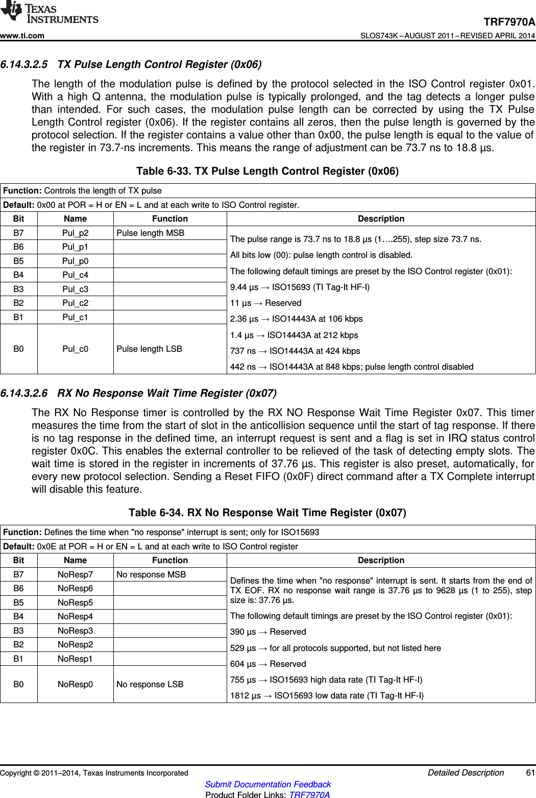 TRF7970Awww.ti.comSLOS743K –AUGUST 2011–REVISED APRIL 20146.14.3.2.5 TX Pulse Length Control Register (0x06)The length of the modulation pulse is defined by the protocol selected in the ISO Control register 0x01.With a high Q antenna, the modulation pulse is typically prolonged, and the tag detects a longer pulsethan intended. For such cases, the modulation pulse length can be corrected by using the TX PulseLength Control register (0x06). If the register contains all zeros, then the pulse length is governed by theprotocol selection. If the register contains a value other than 0x00, the pulse length is equal to the value ofthe register in 73.7-ns increments. This means the range of adjustment can be 73.7 ns to 18.8 µs.Table 6-33. TX Pulse Length Control Register (0x06)Function: Controls the length of TX pulseDefault: 0x00 at POR = H or EN = L and at each write to ISO Control register.Bit Name Function DescriptionB7 Pul_p2 Pulse length MSB The pulse range is 73.7 ns to 18.8 µs (1….255), step size 73.7 ns.B6 Pul_p1All bits low (00): pulse length control is disabled.B5 Pul_p0The following default timings are preset by the ISO Control register (0x01):B4 Pul_c49.44 µs →ISO15693 (TI Tag-It HF-I)B3 Pul_c3B2 Pul_c2 11 µs →ReservedB1 Pul_c1 2.36 µs →ISO14443A at 106 kbps1.4 µs →ISO14443A at 212 kbpsB0 Pul_c0 Pulse length LSB 737 ns →ISO14443A at 424 kbps442 ns →ISO14443A at 848 kbps; pulse length control disabled6.14.3.2.6 RX No Response Wait Time Register (0x07)The RX No Response timer is controlled by the RX NO Response Wait Time Register 0x07. This timermeasures the time from the start of slot in the anticollision sequence until the start of tag response. If thereis no tag response in the defined time, an interrupt request is sent and a flag is set in IRQ status controlregister 0x0C. This enables the external controller to be relieved of the task of detecting empty slots. Thewait time is stored in the register in increments of 37.76 µs. This register is also preset, automatically, forevery new protocol selection. Sending a Reset FIFO (0x0F) direct command after a TX Complete interruptwill disable this feature.Table 6-34. RX No Response Wait Time Register (0x07)Function: Defines the time when &quot;no response&quot; interrupt is sent; only for ISO15693Default: 0x0E at POR = H or EN = L and at each write to ISO Control registerBit Name Function DescriptionB7 NoResp7 No response MSB Defines the time when &quot;no response&quot; interrupt is sent. It starts from the end ofB6 NoResp6 TX EOF. RX no response wait range is 37.76 µs to 9628 µs (1 to 255), stepsize is: 37.76 µs.B5 NoResp5The following default timings are preset by the ISO Control register (0x01):B4 NoResp4B3 NoResp3 390 µs →ReservedB2 NoResp2 529 µs →for all protocols supported, but not listed hereB1 NoResp1 604 µs →Reserved755 µs →ISO15693 high data rate (TI Tag-It HF-I)B0 NoResp0 No response LSB1812 µs →ISO15693 low data rate (TI Tag-It HF-I)Copyright © 2011–2014, Texas Instruments Incorporated Detailed Description 61Submit Documentation FeedbackProduct Folder Links: TRF7970A