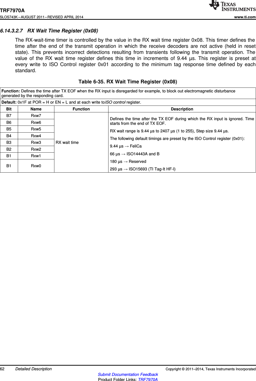 TRF7970ASLOS743K –AUGUST 2011–REVISED APRIL 2014www.ti.com6.14.3.2.7 RX Wait Time Register (0x08)The RX-wait-time timer is controlled by the value in the RX wait time register 0x08. This timer defines thetime after the end of the transmit operation in which the receive decoders are not active (held in resetstate). This prevents incorrect detections resulting from transients following the transmit operation. Thevalue of the RX wait time register defines this time in increments of 9.44 µs. This register is preset atevery write to ISO Control register 0x01 according to the minimum tag response time defined by eachstandard.Table 6-35. RX Wait Time Register (0x08)Function: Defines the time after TX EOF when the RX input is disregarded for example, to block out electromagnetic disturbancegenerated by the responding card.Default: 0x1F at POR = H or EN = L and at each write toISO control register.Bit Name Function DescriptionB7 Rxw7 Defines the time after the TX EOF during which the RX input is ignored. TimeB6 Rxw6 starts from the end of TX EOF.B5 Rxw5 RX wait range is 9.44 µs to 2407 µs (1 to 255), Step size 9.44 µs.B4 Rxw4 The following default timings are preset by the ISO Control register (0x01):RX wait timeB3 Rxw3 9.44 µs →FeliCaB2 Rxw266 µs →ISO14443A and BB1 Rxw1180 µs →ReservedB1 Rxw0 293 µs →ISO15693 (TI Tag-It HF-I)62 Detailed Description Copyright © 2011–2014, Texas Instruments IncorporatedSubmit Documentation FeedbackProduct Folder Links: TRF7970A