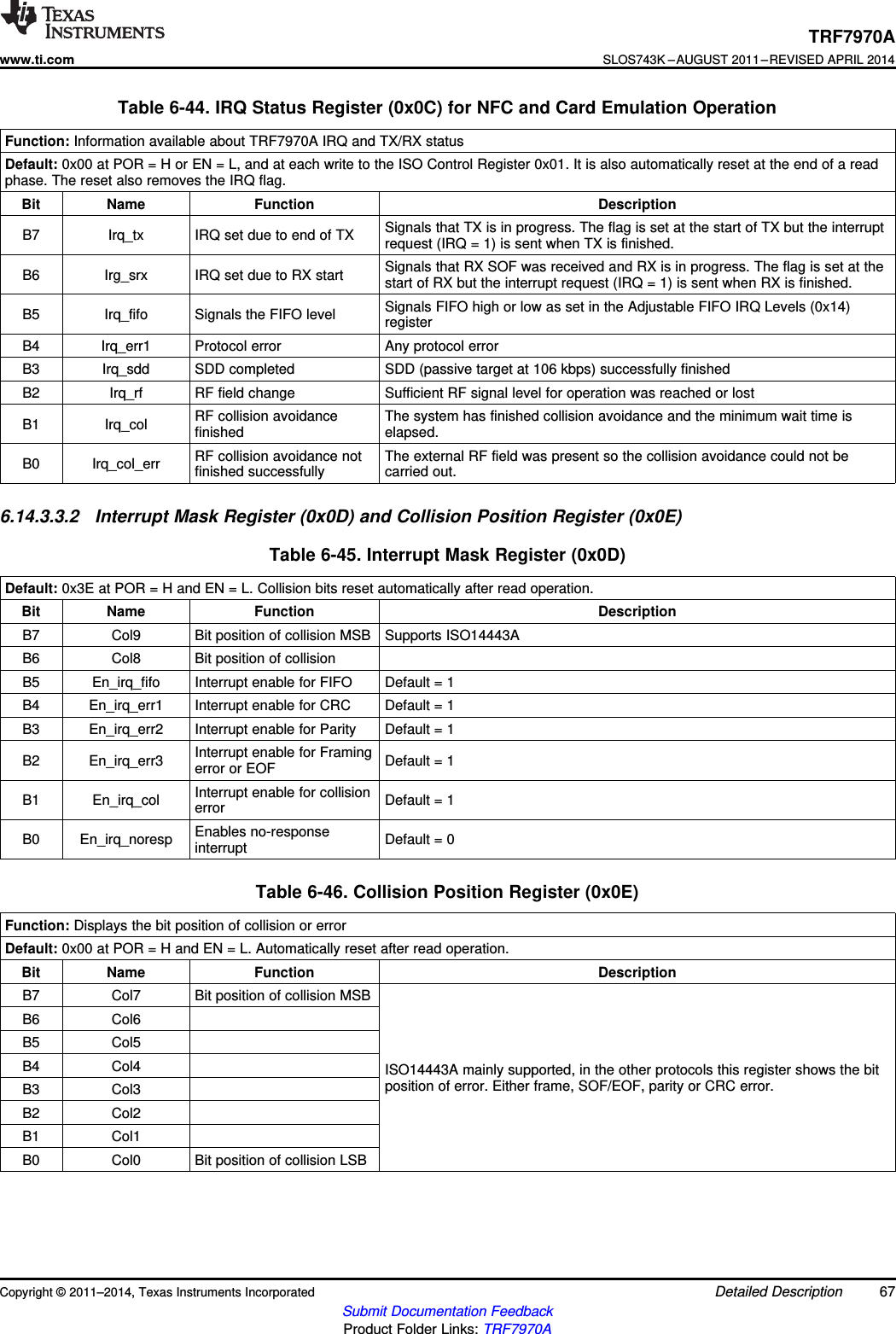 TRF7970Awww.ti.comSLOS743K –AUGUST 2011–REVISED APRIL 2014Table 6-44. IRQ Status Register (0x0C) for NFC and Card Emulation OperationFunction: Information available about TRF7970A IRQ and TX/RX statusDefault: 0x00 at POR = H or EN = L, and at each write to the ISO Control Register 0x01. It is also automatically reset at the end of a readphase. The reset also removes the IRQ flag.Bit Name Function DescriptionSignals that TX is in progress. The flag is set at the start of TX but the interruptB7 Irq_tx IRQ set due to end of TX request (IRQ = 1) is sent when TX is finished.Signals that RX SOF was received and RX is in progress. The flag is set at theB6 Irg_srx IRQ set due to RX start start of RX but the interrupt request (IRQ = 1) is sent when RX is finished.Signals FIFO high or low as set in the Adjustable FIFO IRQ Levels (0x14)B5 Irq_fifo Signals the FIFO level registerB4 Irq_err1 Protocol error Any protocol errorB3 Irq_sdd SDD completed SDD (passive target at 106 kbps) successfully finishedB2 Irq_rf RF field change Sufficient RF signal level for operation was reached or lostRF collision avoidance The system has finished collision avoidance and the minimum wait time isB1 Irq_col finished elapsed.RF collision avoidance not The external RF field was present so the collision avoidance could not beB0 Irq_col_err finished successfully carried out.6.14.3.3.2 Interrupt Mask Register (0x0D) and Collision Position Register (0x0E)Table 6-45. Interrupt Mask Register (0x0D)Default: 0x3E at POR = H and EN = L. Collision bits reset automatically after read operation.Bit Name Function DescriptionB7 Col9 Bit position of collision MSB Supports ISO14443AB6 Col8 Bit position of collisionB5 En_irq_fifo Interrupt enable for FIFO Default = 1B4 En_irq_err1 Interrupt enable for CRC Default = 1B3 En_irq_err2 Interrupt enable for Parity Default = 1Interrupt enable for FramingB2 En_irq_err3 Default = 1error or EOFInterrupt enable for collisionB1 En_irq_col Default = 1errorEnables no-responseB0 En_irq_noresp Default = 0interruptTable 6-46. Collision Position Register (0x0E)Function: Displays the bit position of collision or errorDefault: 0x00 at POR = H and EN = L. Automatically reset after read operation.Bit Name Function DescriptionB7 Col7 Bit position of collision MSBB6 Col6B5 Col5B4 Col4 ISO14443A mainly supported, in the other protocols this register shows the bitposition of error. Either frame, SOF/EOF, parity or CRC error.B3 Col3B2 Col2B1 Col1B0 Col0 Bit position of collision LSBCopyright © 2011–2014, Texas Instruments Incorporated Detailed Description 67Submit Documentation FeedbackProduct Folder Links: TRF7970A