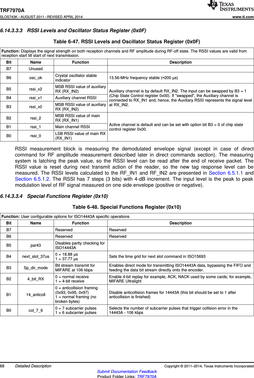 TRF7970ASLOS743K –AUGUST 2011–REVISED APRIL 2014www.ti.com6.14.3.3.3 RSSI Levels and Oscillator Status Register (0x0F)Table 6-47. RSSI Levels and Oscillator Status Register (0x0F)Function: Displays the signal strength on both reception channels and RF amplitude during RF-off state. The RSSI values are valid fromreception start till start of next transmission.Bit Name Function DescriptionB7 UnusedCrystal oscillator stableB6 osc_ok 13.56-MHz frequency stable (≈200 µs)indicatorMSB RSSI value of auxiliaryB5 rssi_x2 Auxiliary channel is by default RX_IN2. The input can be swapped by B3 = 1RX (RX_IN2)(Chip State Control register 0x00). If &quot;swapped&quot;, the Auxiliary channel isB4 rssi_x1 Auxiliary channel RSSI connected to RX_IN1 and, hence, the Auxiliary RSSI represents the signal levelMSB RSSI value of auxiliary at RX_IN2.B3 rssi_x0 RX (RX_IN2)MSB RSSI value of mainB2 rssi_2 RX (RX_IN1)Active channel is default and can be set with option bit B3 = 0 of chip stateB1 rssi_1 Main channel RSSI control register 0x00.LSB RSSI value of main RXB0 rssi_0 (RX_IN1)RSSI measurement block is measuring the demodulated envelope signal (except in case of directcommand for RF amplitude measurement described later in direct commands section). The measuringsystem is latching the peak value, so the RSSI level can be read after the end of receive packet. TheRSSI value is reset during next transmit action of the reader, so the new tag response level can bemeasured. The RSSI levels calculated to the RF_IN1 and RF_IN2 are presented in Section 6.5.1.1 andSection 6.5.1.2. The RSSI has 7 steps (3 bits) with 4-dB increment. The input level is the peak to peakmodulation level of RF signal measured on one side envelope (positive or negative).6.14.3.3.4 Special Functions Register (0x10)Table 6-48. Special Functions Register (0x10)Function: User configurable options for ISO14443A specific operationsBit Name Function DescriptionB7 Reserved ReservedB6 Reserved ReservedDisables parity checking forB5 par43 ISO14443A0 = 18.88 µsB4 next_slot_37us Sets the time grid for next slot command in ISO156931 = 37.77 µsBit stream transmit for Enables direct mode for transmitting ISO14443A data, bypassing the FIFO andB3 Sp_dir_mode MIFARE at 106 kbps feeding the data bit stream directly onto the encoder.0 = normal receive Enable 4-bit replay for example, ACK, NACK used by some cards; for example,B2 4_bit_RX 1 = 4-bit receive MIFARE Ultralight0 = anticollision framing(0x93, 0x95, 0x97) Disable anticollision frames for 14443A (this bit should be set to 1 afterB1 14_anticoll 1 = normal framing (no anticollision is finished)broken bytes)0 = 7 subcarrier pulses Selects the number of subcarrier pulses that trigger collision error in theB0 col_7_6 1 = 6 subcarrier pulses 14443A - 106 kbps68 Detailed Description Copyright © 2011–2014, Texas Instruments IncorporatedSubmit Documentation FeedbackProduct Folder Links: TRF7970A