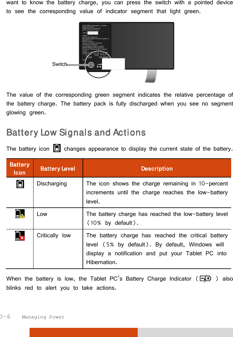  3-6   Managing Power want to know the battery charge, you can press the switch with a pointed device to see the corresponding value of indicator segment that light green.   The value of the corresponding green segment indicates the relative percentage of the battery charge. The battery pack is fully discharged when you see no segment glowing green. Battery Low Signals and Actions The battery icon   changes appearance to display the current state of the battery. Battery Icon  Battery Level  Description  Discharging  The icon shows the charge remaining in 10-percent increments until the charge reaches the low-battery level.  Low  The battery charge has reached the low-battery level (10% by default).  Critically low  The battery charge has reached the critical battery level (5% by default). By default, Windows will display a notification and put your Tablet PC into Hibernation.  When the battery is low, the Tablet PC’s Battery Charge Indicator (  ) also blinks red to alert you to take actions. Switch