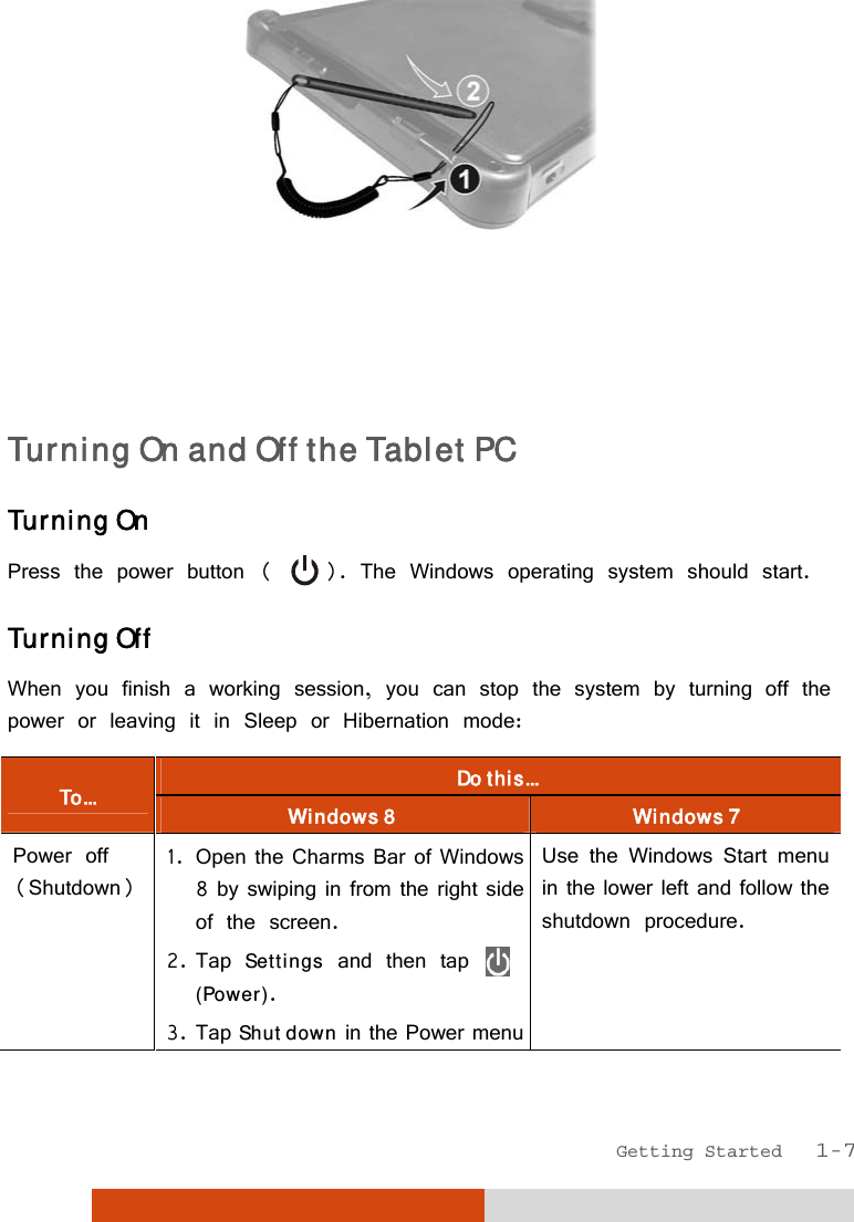  Getting Started   1-7      Turning On and Off the Tablet PC Turning On Press the power button (   ). The Windows operating system should start. Turning Off When you finish a working session, you can stop the system by turning off the power or leaving it in Sleep or Hibernation mode: To...  Do this... Windows 8  Windows 7 Power off (Shutdown)1. Open the Charms Bar of Windows 8 by swiping in from the right side of the screen. 2. Tap Settings and then tap   (Power). 3. Tap Shut down in the Power menu Use the Windows Start menu in the lower left and follow the shutdown procedure. 