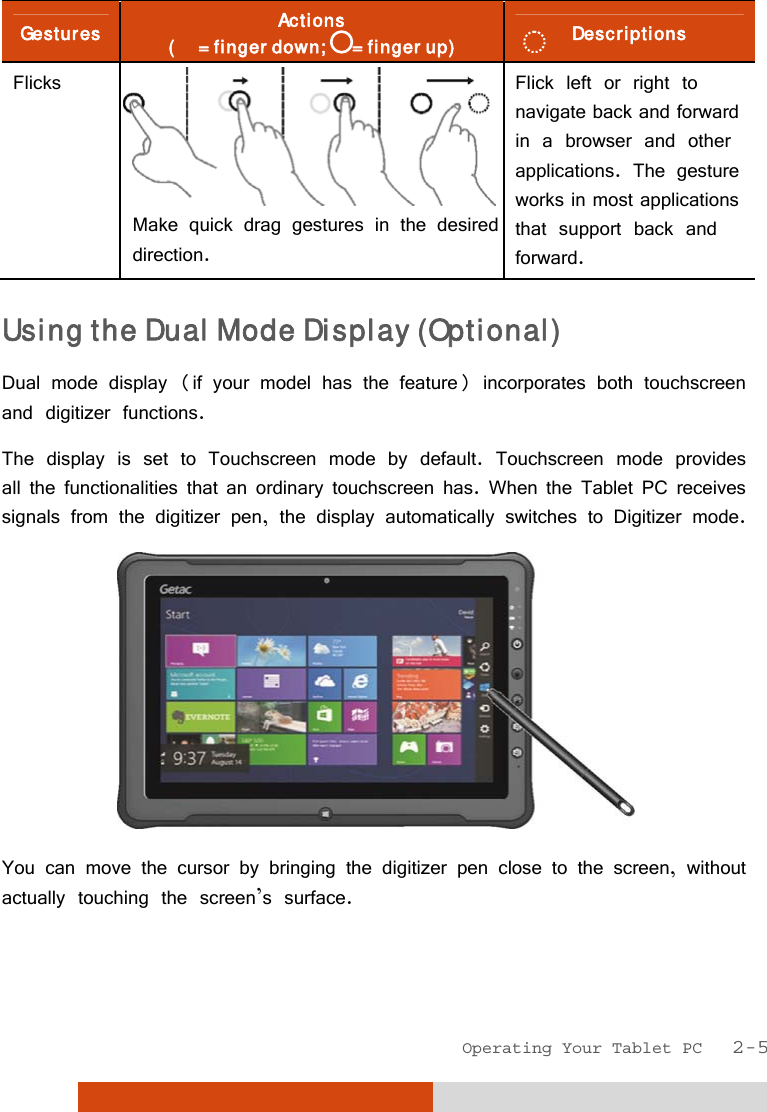  Operating Your Tablet PC   2-5 Gestures  Actions (      = finger down;       = finger up)  Descriptions Flicks Make quick drag gestures in the desireddirection. Flick left or right to navigate back and forward in a browser and other applications. The gesture works in most applications that support back and forward. Using the Dual Mode Display (Optional) Dual mode display (if your model has the feature) incorporates both touchscreen and digitizer functions. The display is set to Touchscreen mode by default. Touchscreen mode provides all the functionalities that an ordinary touchscreen has. When the Tablet PC receives signals from the digitizer pen, the display automatically switches to Digitizer mode.  You can move the cursor by bringing the digitizer pen close to the screen, without actually touching the screen’s surface.  
