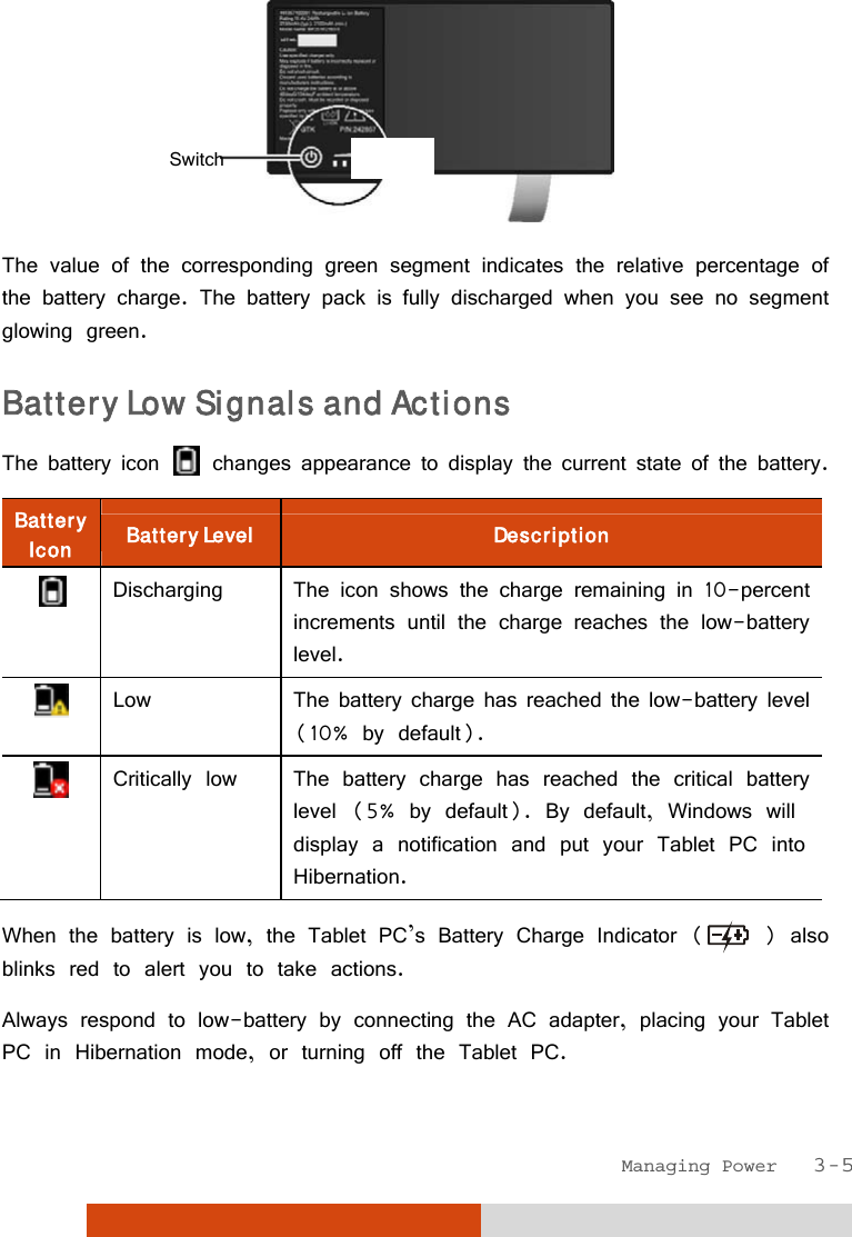 Managing Power   3-5  The value of the corresponding green segment indicates the relative percentage of the battery charge. The battery pack is fully discharged when you see no segment glowing green. Battery Low Signals and Actions The battery icon   changes appearance to display the current state of the battery. Battery Icon  Battery Level  Description  Discharging  The icon shows the charge remaining in 10-percent increments until the charge reaches the low-battery level.  Low  The battery charge has reached the low-battery level (10% by default).  Critically low  The battery charge has reached the critical battery level (5% by default). By default, Windows will display a notification and put your Tablet PC into Hibernation.  When the battery is low, the Tablet PC’s Battery Charge Indicator (  ) also blinks red to alert you to take actions. Always respond to low-battery by connecting the AC adapter, placing your Tablet PC in Hibernation mode, or turning off the Tablet PC. Switch