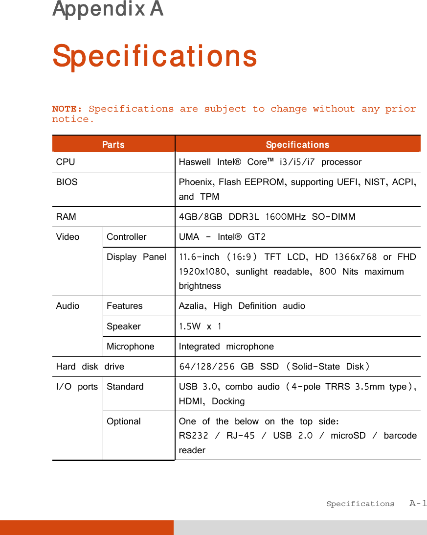  Specifications   A-1 Appendix A  Specifications NOTE: Specifications are subject to change without any prior notice.  Parts  Specifications CPU  Haswell Intel® Core™ i3/i5/i7 processor BIOS Phoenix, Flash EEPROM, supporting UEFI, NIST, ACPI, and TPM RAM   4GB/8GB DDR3L 1600MHz SO-DIMM Video  Controller  UMA - Intel® GT2 Display Panel  11.6-inch (16:9) TFT LCD, HD 1366x768 or FHD 1920x1080, sunlight readable, 800 Nits maximum brightness Audio  Features  Azalia, High Definition audio Speaker  1.5W x 1 Microphone Integrated microphone Hard disk drive  64/128/256 GB SSD (Solid-State Disk) I/O  ports  Standard  USB 3.0, combo audio (4-pole TRRS 3.5mm type), HDMI, Docking Optional  One of the below on the top side: RS232 / RJ-45 / USB 2.0 / microSD / barcode reader  