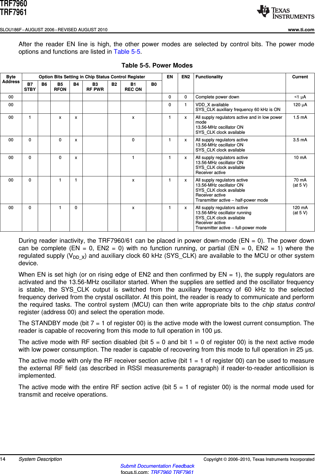 TRF7960TRF7961SLOU186F–AUGUST 2006–REVISED AUGUST 2010www.ti.comAfter the reader EN line is high, the other power modes are selected by control bits. The power modeoptions and functions are listed in Table 5-5.Table 5-5. Power ModesByte Option Bits Setting in Chip Status Control Register EN EN2 Functionality CurrentAddress B7 B6 B5 B4 B3 B2 B1 B0STBY RFON RF PWR REC ON00 0 0 Complete power down &lt;1μA00 0 1 VDD_X available 120 μASYS_CLK auxiliary frequency 60 kHz is ON00 1 x x x 1 x All supply regulators active and in low power 1.5 mAmode13.56-MHz oscillator ONSYS_CLK clock available00 0 0 x 0 1 x All supply regulators active 3.5 mA13.56-MHz oscillator ONSYS_CLK clock available00 0 0 x 1 1 x All supply regulators active 10 mA13.56-MHz oscillator ONSYS_CLK clock availableReceiver active00 0 1 1 x 1 x All supply regulators active 70 mA13.56-MHz oscillator ON (at 5 V)SYS_CLK clock availableReceiver activeTransmitter active –half-power mode00 0 1 0 x 1 x All supply regulators active 120 mA13.56-MHz oscillator running (at 5 V)SYS_CLK clock availableReceiver activeTransmitter active –full-power modeDuring reader inactivity, the TRF7960/61 can be placed in power down-mode (EN = 0). The power downcan be complete (EN = 0, EN2 = 0) with no function running, or partial (EN = 0, EN2 = 1) where theregulated supply (VDD_X) and auxiliary clock 60 kHz (SYS_CLK) are available to the MCU or other systemdevice.When EN is set high (or on rising edge of EN2 and then confirmed by EN = 1), the supply regulators areactivated and the 13.56-MHz oscillator started. When the supplies are settled and the oscillator frequencyis stable, the SYS_CLK output is switched from the auxiliary frequency of 60 kHz to the selectedfrequency derived from the crystal oscillator. At this point, the reader is ready to communicate and performthe required tasks. The control system (MCU) can then write appropriate bits to the chip status controlregister (address 00) and select the operation mode.The STANDBY mode (bit 7 = 1 of register 00) is the active mode with the lowest current consumption. Thereader is capable of recovering from this mode to full operation in 100 μs.The active mode with RF section disabled (bit 5 = 0 and bit 1 = 0 of register 00) is the next active modewith low power consumption. The reader is capable of recovering from this mode to full operation in 25 μs.The active mode with only the RF receiver section active (bit 1 = 1 of register 00) can be used to measurethe external RF field (as described in RSSI measurements paragraph) if reader-to-reader anticollision isimplemented.The active mode with the entire RF section active (bit 5 = 1 of register 00) is the normal mode used fortransmit and receive operations.14 System Description Copyright ©2006–2010, Texas Instruments IncorporatedSubmit Documentation Feedbackfocus.ti.com: TRF7960 TRF7961