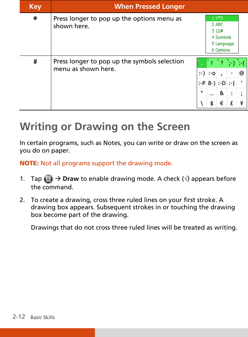  2-12   Basic Skills Key  When Pressed Longer ＊ Press longer to pop up the options menu as shown here.  # Press longer to pop up the symbols selection menu as shown here.   Writing or Drawing on the Screen In certain programs, such as Notes, you can write or draw on the screen as you do on paper.  NOTE: Not all programs support the drawing mode.  1. Tap   Draw to enable drawing mode. A check (√) appears before the command. 2. To create a drawing, cross three ruled lines on your first stroke. A drawing box appears. Subsequent strokes in or touching the drawing box become part of the drawing. Drawings that do not cross three ruled lines will be treated as writing.    