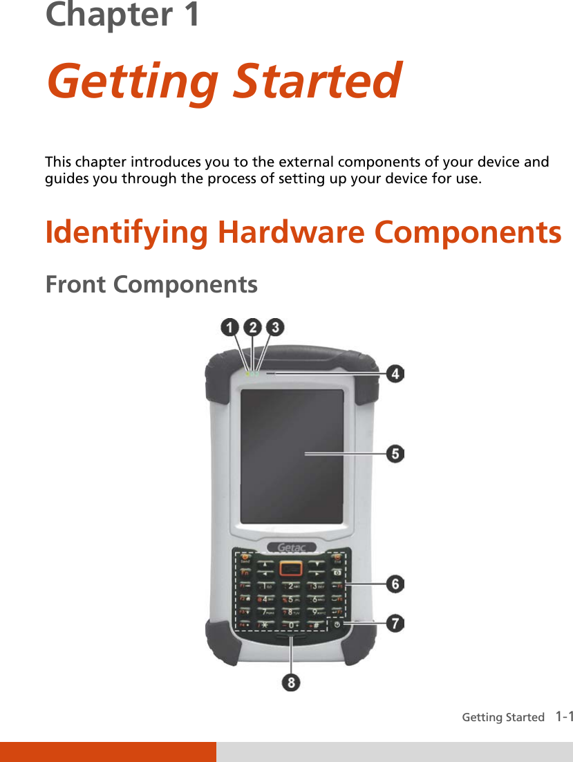  Getting Started   1-1 Chapter 1  Getting Started This chapter introduces you to the external components of your device and guides you through the process of setting up your device for use. Identifying Hardware Components Front Components             