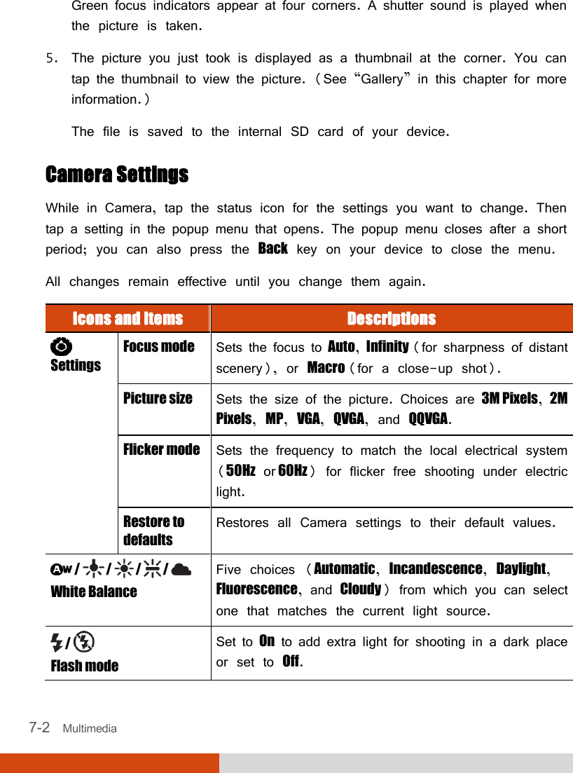  7-2   Multimedia Green focus indicators appear at four corners. A shutter sound is played when the picture is taken. 5. The picture you just took is displayed as a thumbnail at the corner. You can tap the thumbnail to view the picture. (See “Gallery” in this chapter for more information.) The file is saved to the internal SD card of your device. Camera Settings While in Camera, tap the status icon for the settings you want to change. Then tap a setting in the popup menu that opens. The popup menu closes after a short period; you can also press the Back key on your device to close the menu. All changes remain effective until you change them again. Icons and Items  Descriptions  Settings Focus mode  Sets the focus to Auto, Infinity (for sharpness of distant scenery), or Macro (for a close-up shot). Picture size  Sets the size of the picture. Choices are 3M Pixels, 2M Pixels, MP, VGA, QVGA, and QQVGA. Flicker mode  Sets the frequency to match the local electrical system (50Hz or 60Hz) for flicker free shooting under electric light. Restore to defaults Restores all Camera settings to their default values.  /   /   /   /   White Balance Five choices (Automatic, Incandescence, Daylight, Fluorescence, and Cloudy) from which you can select one that matches the current light source.  /   Flash mode Set to On to add extra light for shooting in a dark place or set to Off. 