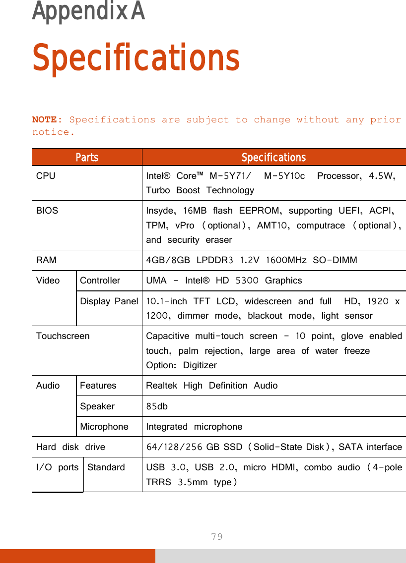  79 Appendix A    Specifications NOTE: Specifications are subject to change without any prior notice.  Parts Specifications CPU  Intel® Core™ M-5Y71/  M-5Y10c  Processor, 4.5W, Turbo Boost Technology BIOS  Insyde, 16MB flash EEPROM, supporting UEFI, ACPI, TPM, vPro (optional), AMT10, computrace (optional), and security eraser RAM   4GB/8GB LPDDR3 1.2V 1600MHz SO-DIMM Video Controller UMA - Intel® HD 5300 Graphics Display Panel 10.1-inch TFT LCD, widescreen and full  HD, 1920 x 1200, dimmer mode, blackout mode, light sensor  Touchscreen Capacitive multi-touch screen - 10 point, glove enabled touch, palm rejection, large area of water freeze Option: Digitizer Audio Features Realtek High Definition Audio Speaker 85db Microphone Integrated microphone Hard disk drive 64/128/256 GB SSD (Solid-State Disk), SATA interface I/O ports Standard USB 3.0, USB 2.0, micro HDMI, combo audio (4-pole TRRS 3.5mm type) 