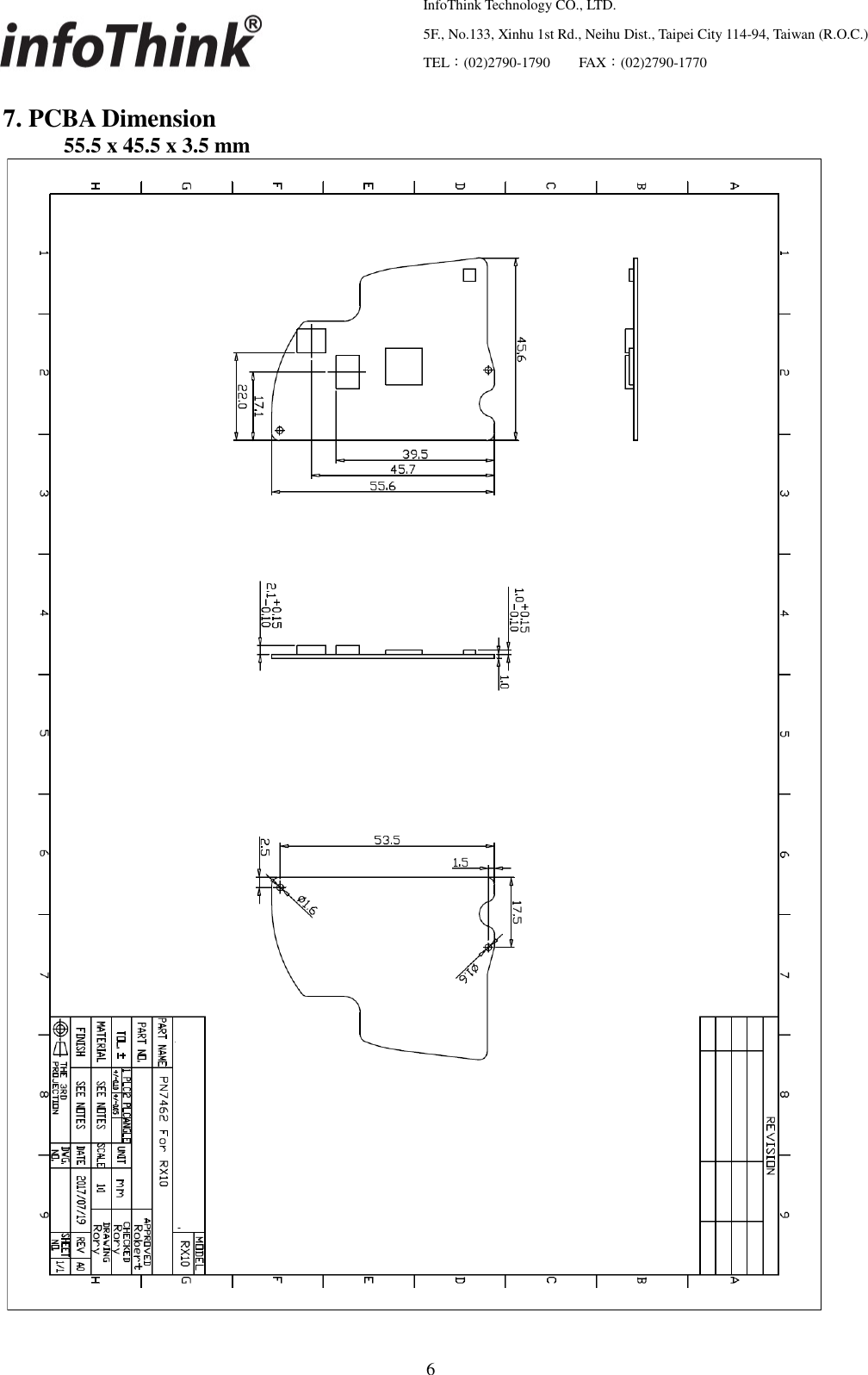   InfoThink Technology CO., LTD.  5F., No.133, Xinhu 1st Rd., Neihu Dist., Taipei City 114-94, Taiwan (R.O.C.)  TEL：(02)2790-1790     FAX：(02)2790-1770                                                    6 7. PCBA Dimension 55.5 x 45.5 x 3.5 mm  