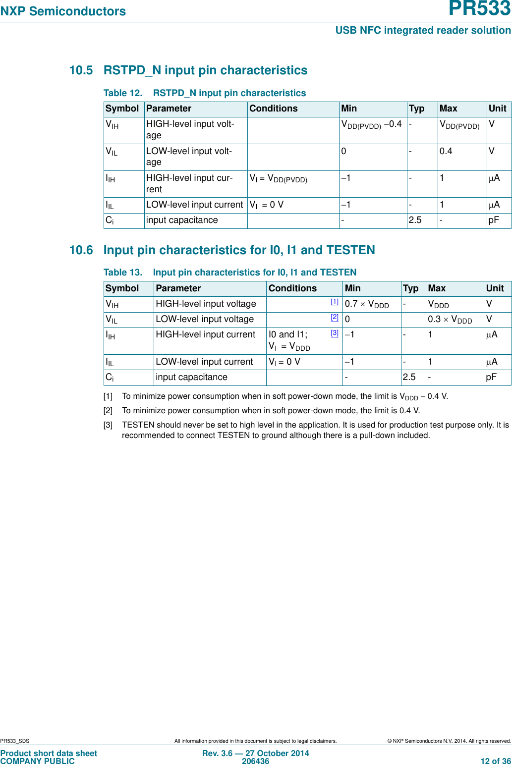 PR533_SDS All information provided in this document is subject to legal disclaimers. © NXP Semiconductors N.V. 2014. All rights reserved.Product short data sheetCOMPANY PUBLICRev. 3.6 — 27 October 2014206436  12 of 36NXP Semiconductors PR533USB NFC integrated reader solution10.5 RSTPD_N input pin characteristics 10.6 Input pin characteristics for I0, I1 and TESTEN [1] To minimize power consumption when in soft power-down mode, the limit is VDDD  0.4 V.[2] To minimize power consumption when in soft power-down mode, the limit is 0.4 V.[3] TESTEN should never be set to high level in the application. It is used for production test purpose only. It is recommended to connect TESTEN to ground although there is a pull-down included.Table 12. RSTPD_N input pin characteristicsSymbol Parameter Conditions Min Typ Max UnitVIH HIGH-level input volt-ageVDD(PVDD) 0.4 - VDD(PVDD) VVIL LOW-level input volt-age0-0.4VIIH HIGH-level input cur-rentVI=VDD(PVDD) 1-1AIIL LOW-level input current VI = 0 V 1-1ACiinput capacitance - 2.5 - pFTable 13. Input pin characteristics for I0, I1 and TESTENSymbol Parameter Conditions Min Typ Max UnitVIH HIGH-level input voltage [1] 0.7  VDDD -VDDD VVIL LOW-level input voltage [2] 00.3VDDD VIIH HIGH-level input current I0 and I1; VI=VDDD[3] 1-1 AIIL LOW-level input current VI=0V 1-1 ACiinput capacitance - 2.5 - pF