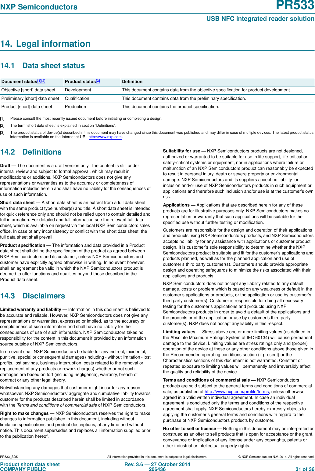 PR533_SDS All information provided in this document is subject to legal disclaimers. © NXP Semiconductors N.V. 2014. All rights reserved.Product short data sheetCOMPANY PUBLICRev. 3.6 — 27 October 2014206436  31 of 36NXP Semiconductors PR533USB NFC integrated reader solution14. Legal information14.1 Data sheet status [1] Please consult the most recently issued document before initiating or completing a design. [2] The term ‘short data sheet’ is explained in section “Definitions”. [3] The product status of device(s) described in this document may have changed since this document was published and may differ in case of multiple devices. The latest product status information is available on the Internet at URL http://www.nxp.com. 14.2 DefinitionsDraft — The document is a draft version only. The content is still under internal review and subject to formal approval, which may result in modifications or additions. NXP Semiconductors does not give any representations or warranties as to the accuracy or completeness of information included herein and shall have no liability for the consequences of use of such information.Short data sheet — A short data sheet is an extract from a full data sheet with the same product type number(s) and title. A short data sheet is intended for quick reference only and should not be relied upon to contain detailed and full information. For detailed and full information see the relevant full data sheet, which is available on request via the local NXP Semiconductors sales office. In case of any inconsistency or conflict with the short data sheet, the full data sheet shall prevail.Product specification — The information and data provided in a Product data sheet shall define the specification of the product as agreed between NXP Semiconductors and its customer, unless NXP Semiconductors and customer have explicitly agreed otherwise in writing. In no event however, shall an agreement be valid in which the NXP Semiconductors product is deemed to offer functions and qualities beyond those described in the Product data sheet.14.3 DisclaimersLimited warranty and liability — Information in this document is believed to be accurate and reliable. However, NXP Semiconductors does not give any representations or warranties, expressed or implied, as to the accuracy or completeness of such information and shall have no liability for the consequences of use of such information. NXP Semiconductors takes no responsibility for the content in this document if provided by an information source outside of NXP Semiconductors.In no event shall NXP Semiconductors be liable for any indirect, incidental, punitive, special or consequential damages (including - without limitation - lost profits, lost savings, business interruption, costs related to the removal or replacement of any products or rework charges) whether or not such damages are based on tort (including negligence), warranty, breach of contract or any other legal theory. Notwithstanding any damages that customer might incur for any reason whatsoever, NXP Semiconductors’ aggregate and cumulative liability towards customer for the products described herein shall be limited in accordance with the Terms and conditions of commercial sale of NXP Semiconductors.Right to make changes — NXP Semiconductors reserves the right to make changes to information published in this document, including without limitation specifications and product descriptions, at any time and without notice. This document supersedes and replaces all information supplied prior to the publication hereof.Suitability for use — NXP Semiconductors products are not designed, authorized or warranted to be suitable for use in life support, life-critical or safety-critical systems or equipment, nor in applications where failure or malfunction of an NXP Semiconductors product can reasonably be expected to result in personal injury, death or severe property or environmental damage. NXP Semiconductors and its suppliers accept no liability for inclusion and/or use of NXP Semiconductors products in such equipment or applications and therefore such inclusion and/or use is at the customer’s own risk.Applications — Applications that are described herein for any of these products are for illustrative purposes only. NXP Semiconductors makes no representation or warranty that such applications will be suitable for the specified use without further testing or modification. Customers are responsible for the design and operation of their applications and products using NXP Semiconductors products, and NXP Semiconductors accepts no liability for any assistance with applications or customer product design. It is customer’s sole responsibility to determine whether the NXP Semiconductors product is suitable and fit for the customer’s applications and products planned, as well as for the planned application and use of customer’s third party customer(s). Customers should provide appropriate design and operating safeguards to minimize the risks associated with their applications and products. NXP Semiconductors does not accept any liability related to any default, damage, costs or problem which is based on any weakness or default in the customer’s applications or products, or the application or use by customer’s third party customer(s). Customer is responsible for doing all necessary testing for the customer’s applications and products using NXP Semiconductors products in order to avoid a default of the applications and the products or of the application or use by customer’s third party customer(s). NXP does not accept any liability in this respect.Limiting values — Stress above one or more limiting values (as defined in the Absolute Maximum Ratings System of IEC 60134) will cause permanent damage to the device. Limiting values are stress ratings only and (proper) operation of the device at these or any other conditions above those given in the Recommended operating conditions section (if present) or the Characteristics sections of this document is not warranted. Constant or repeated exposure to limiting values will permanently and irreversibly affect the quality and reliability of the device.Terms and conditions of commercial sale — NXP Semiconductors products are sold subject to the general terms and conditions of commercial sale, as published at http://www.nxp.com/profile/terms, unless otherwise agreed in a valid written individual agreement. In case an individual agreement is concluded only the terms and conditions of the respective agreement shall apply. NXP Semiconductors hereby expressly objects to applying the customer’s general terms and conditions with regard to the purchase of NXP Semiconductors products by customer.No offer to sell or license — Nothing in this document may be interpreted or construed as an offer to sell products that is open for acceptance or the grant, conveyance or implication of any license under any copyrights, patents or other industrial or intellectual property rights.Document status[1][2] Product status[3] DefinitionObjective [short] data sheet Development This document contains data from the objective specification for product development. Preliminary [short] data sheet Qualification This document contains data from the preliminary specification. Product [short] data sheet Production This document contains the product specification. 