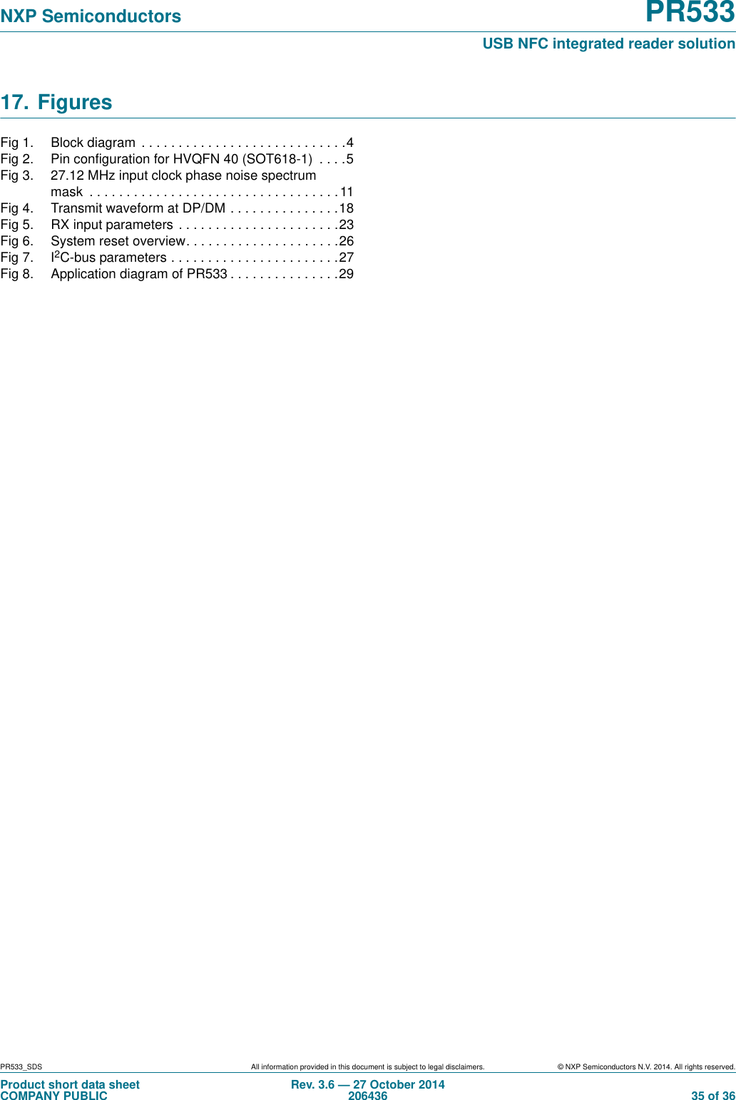 PR533_SDS All information provided in this document is subject to legal disclaimers. © NXP Semiconductors N.V. 2014. All rights reserved.Product short data sheetCOMPANY PUBLICRev. 3.6 — 27 October 2014206436  35 of 36NXP Semiconductors PR533USB NFC integrated reader solution17. FiguresFig 1.  Block diagram  . . . . . . . . . . . . . . . . . . . . . . . . . . . .4Fig 2.  Pin configuration for HVQFN 40 (SOT618-1)  . . . .5Fig 3.  27.12 MHz input clock phase noise spectrum mask  . . . . . . . . . . . . . . . . . . . . . . . . . . . . . . . . . .11Fig 4.  Transmit waveform at DP/DM . . . . . . . . . . . . . . .18Fig 5.  RX input parameters . . . . . . . . . . . . . . . . . . . . . .23Fig 6.  System reset overview. . . . . . . . . . . . . . . . . . . . .26Fig 7.  I2C-bus parameters . . . . . . . . . . . . . . . . . . . . . . .27Fig 8.  Application diagram of PR533 . . . . . . . . . . . . . . .29