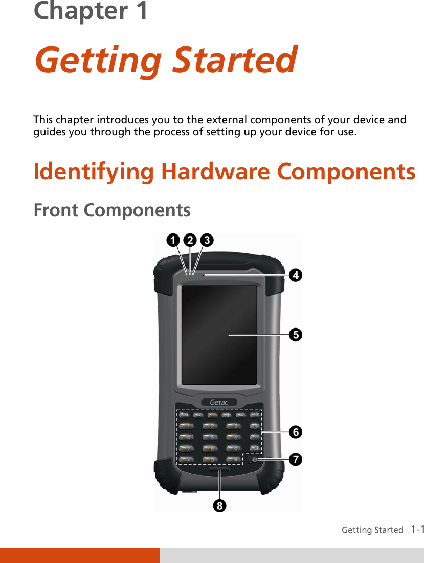  Chapter 1  Getting Started This chapter introduces you to the external components of your device and guides you through the process of setting up your device for use. Identifying Hardware Components Front Components             