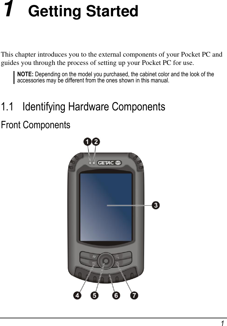    1 1  Getting Started This chapter introduces you to the external components of your Pocket PC and guides you through the process of setting up your Pocket PC for use. NOTE: Depending on the model you purchased, the cabinet color and the look of the accessories may be different from the ones shown in this manual.  1.1 Identifying Hardware Components Front Components  