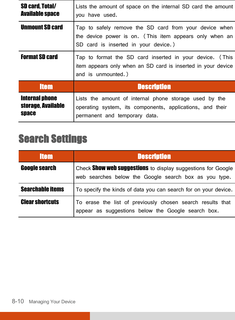  8-10   Managing Your Device SD card, Total/ Available space Lists the amount of space on the internal SD card the amount you have used. Unmount SD card  Tap to safely remove the SD card from your device when the device power is on. (This item appears only when an SD card is inserted in your device.) Format SD card  Tap to format the SD card inserted in your device. (This item appears only when an SD card is inserted in your device and is unmounted.) Item  Description Internal phone storage, Available space Lists the amount of internal phone storage used by the operating system, its components, applications, and their permanent and temporary data.  Search Settings Item  Description Google search  Check Show web suggestions to display suggestions for Google web searches below the Google search box as you type. Searchable items  To specify the kinds of data you can search for on your device. Clear shortcuts  To erase the list of previously chosen search results that appear as suggestions below the Google search box.  