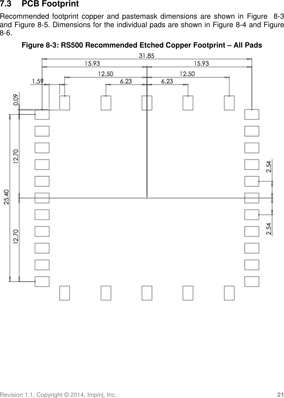 Revision 1.1, Copyright ©  2014, Impinj, Inc. 21  7.3  PCB Footprint Recommended footprint copper and pastemask dimensions are shown in  Figure   8-3 and Figure 8-5. Dimensions for the individual pads are shown in Figure 8-4 and Figure 8-6. Figure 8-3: RS500 Recommended Etched Copper Footprint – All Pads  