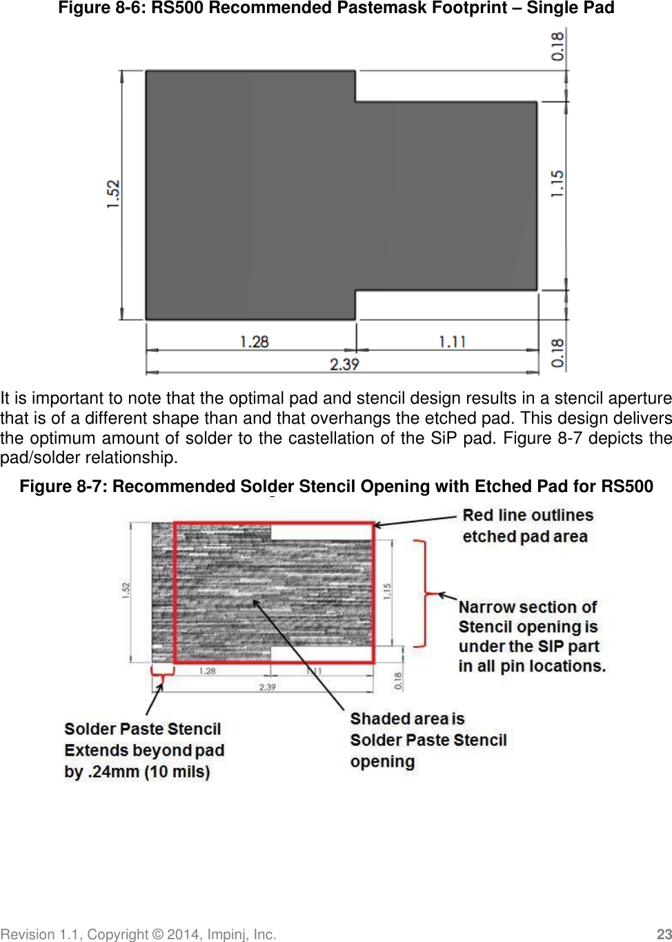 Revision 1.1, Copyright ©  2014, Impinj, Inc. 23  Figure 8-6: RS500 Recommended Pastemask Footprint – Single Pad  It is important to note that the optimal pad and stencil design results in a stencil aperture that is of a different shape than and that overhangs the etched pad. This design delivers the optimum amount of solder to the castellation of the SiP pad. Figure 8-7 depicts the pad/solder relationship. Figure 8-7: Recommended Solder Stencil Opening with Etched Pad for RS500  