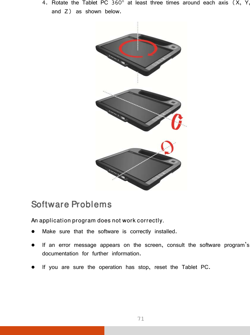  71 4. Rotate the Tablet PC 360 at least three times around each axis (X, Y, and Z) as shown below.  Software Problems An application program does not work correctly.  Make sure that the software is correctly installed.  If an error message appears on the screen, consult the software program’s documentation for further information.  If you are sure the operation has stop, reset the Tablet PC. 